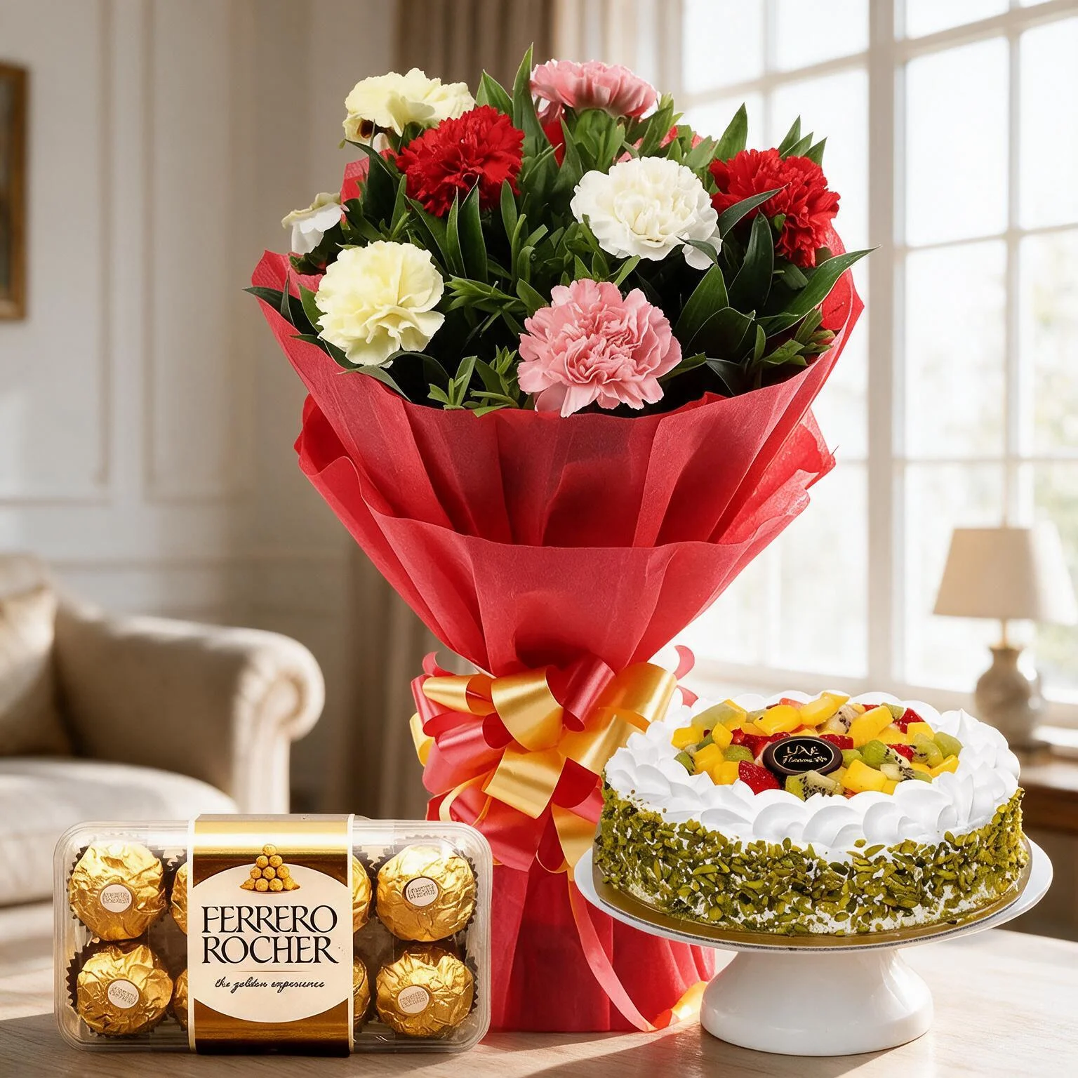 Bouquet of Mixed Carnations, Cake & Chocolate