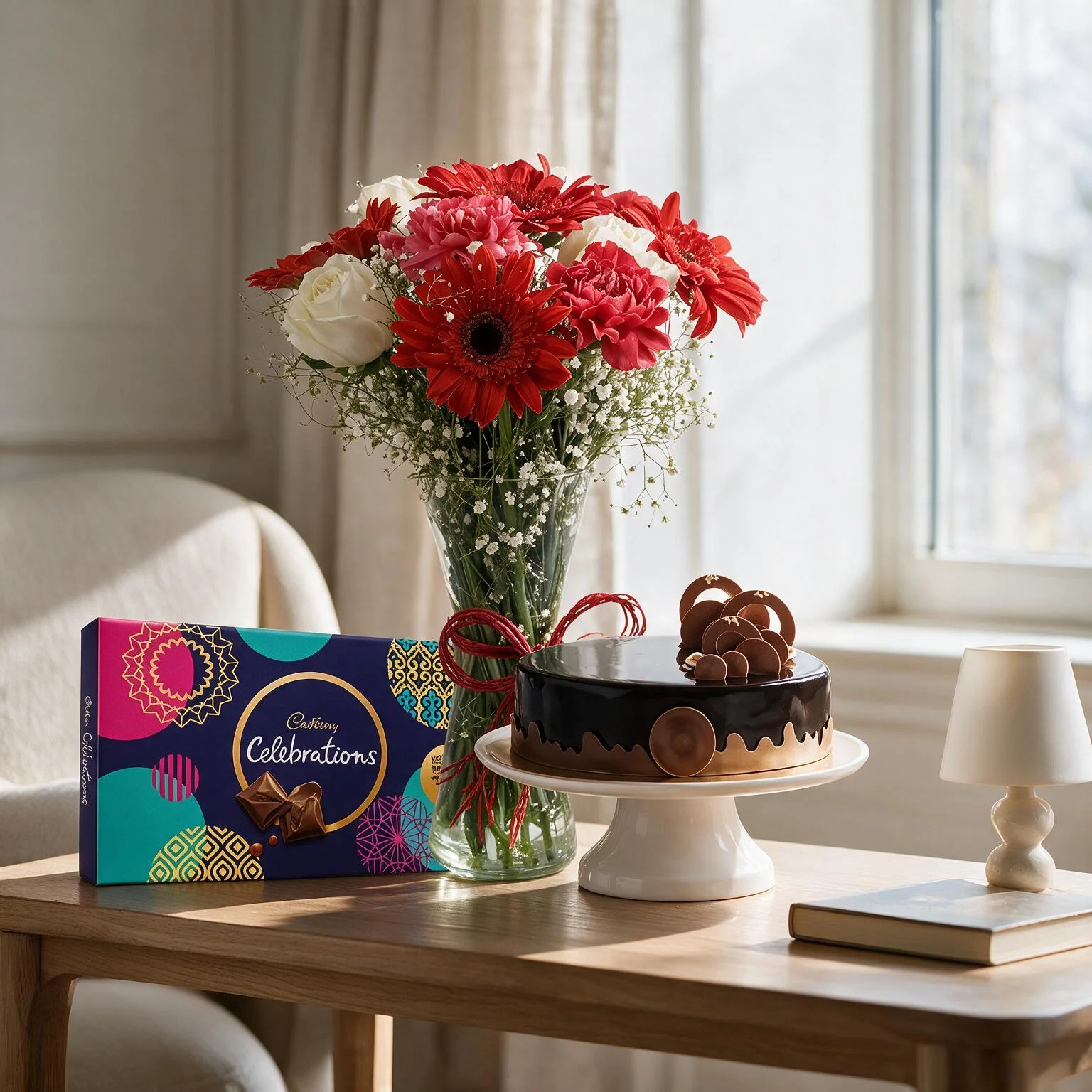 Mix Flowers in a Vase, Cake & Chocolates