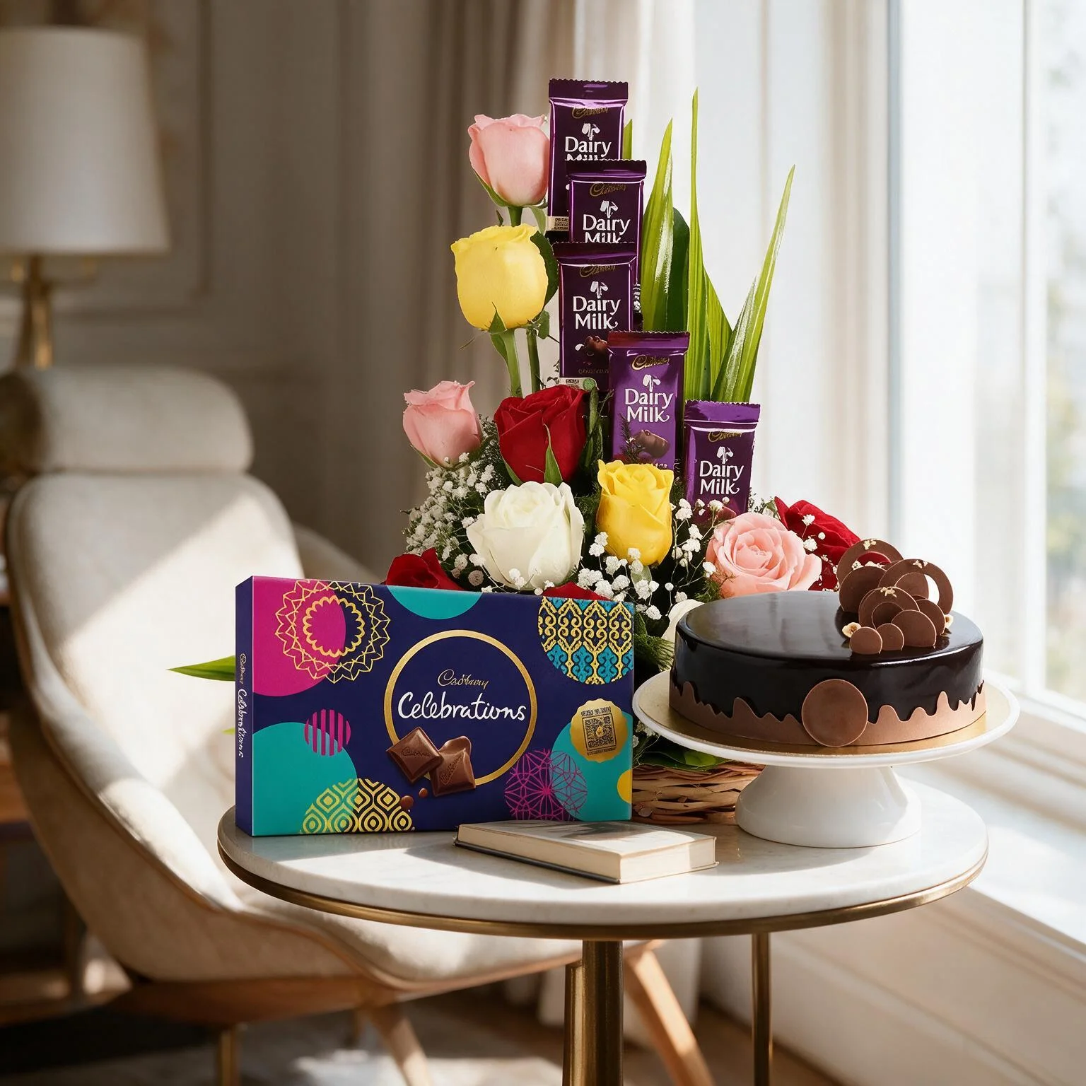 Mixed Roses & Chocolate in a Basket & Cake