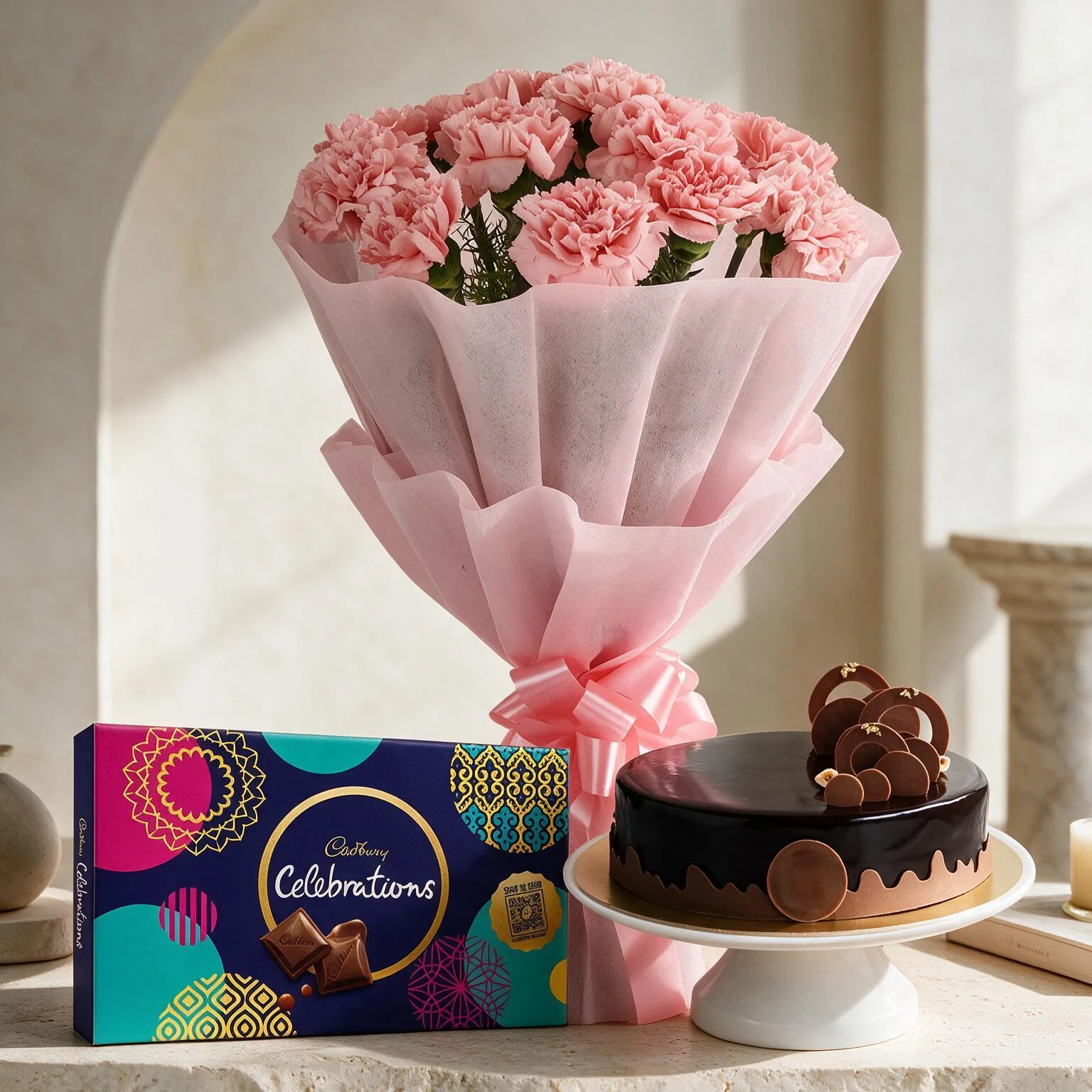 Bouquet of Pink Carnations, Cake & Chocolate