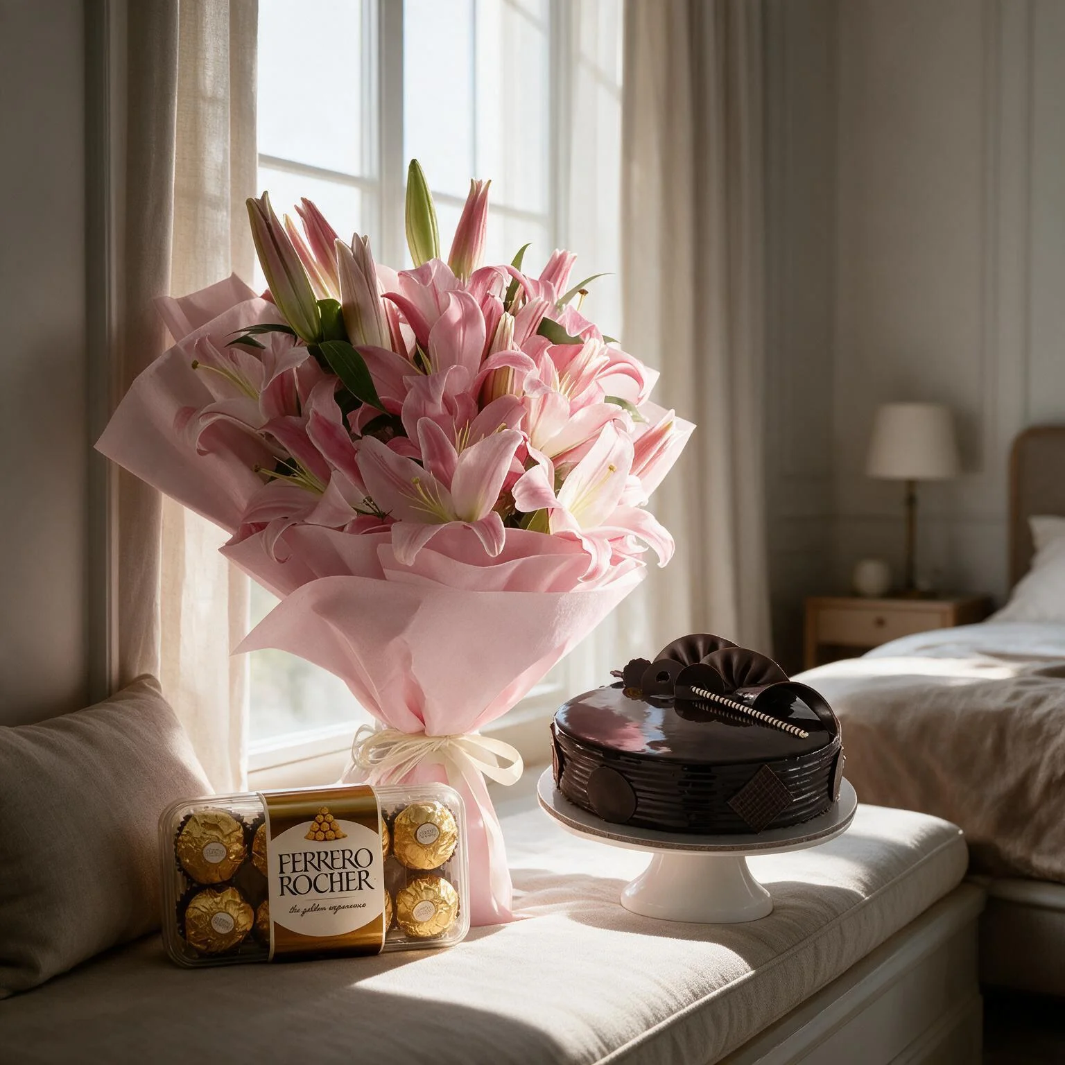 Bouquet of Lilies, Cake & Chocolate