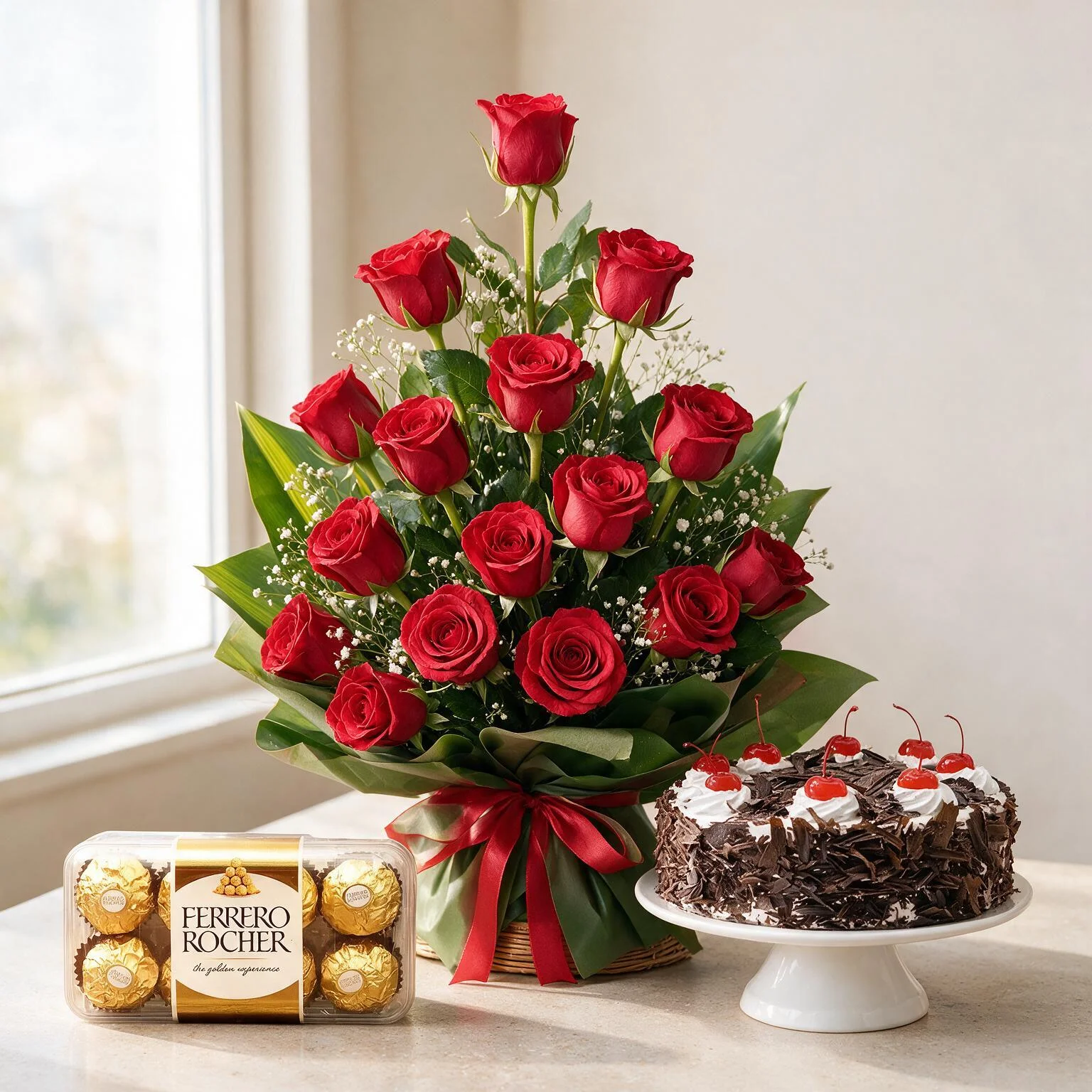 Red Roses, Cake & Chocolates Basket
