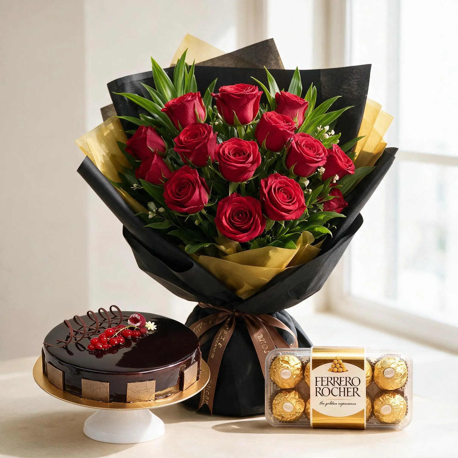Roses Bouquet With Cake & Chocolate