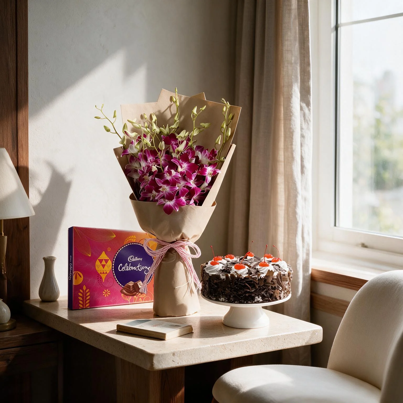 5 stems of Purple orchids Bouquet in a nice wrapping along with 1/2 Kg black forest cake & Cadbury celebrations chocolate box