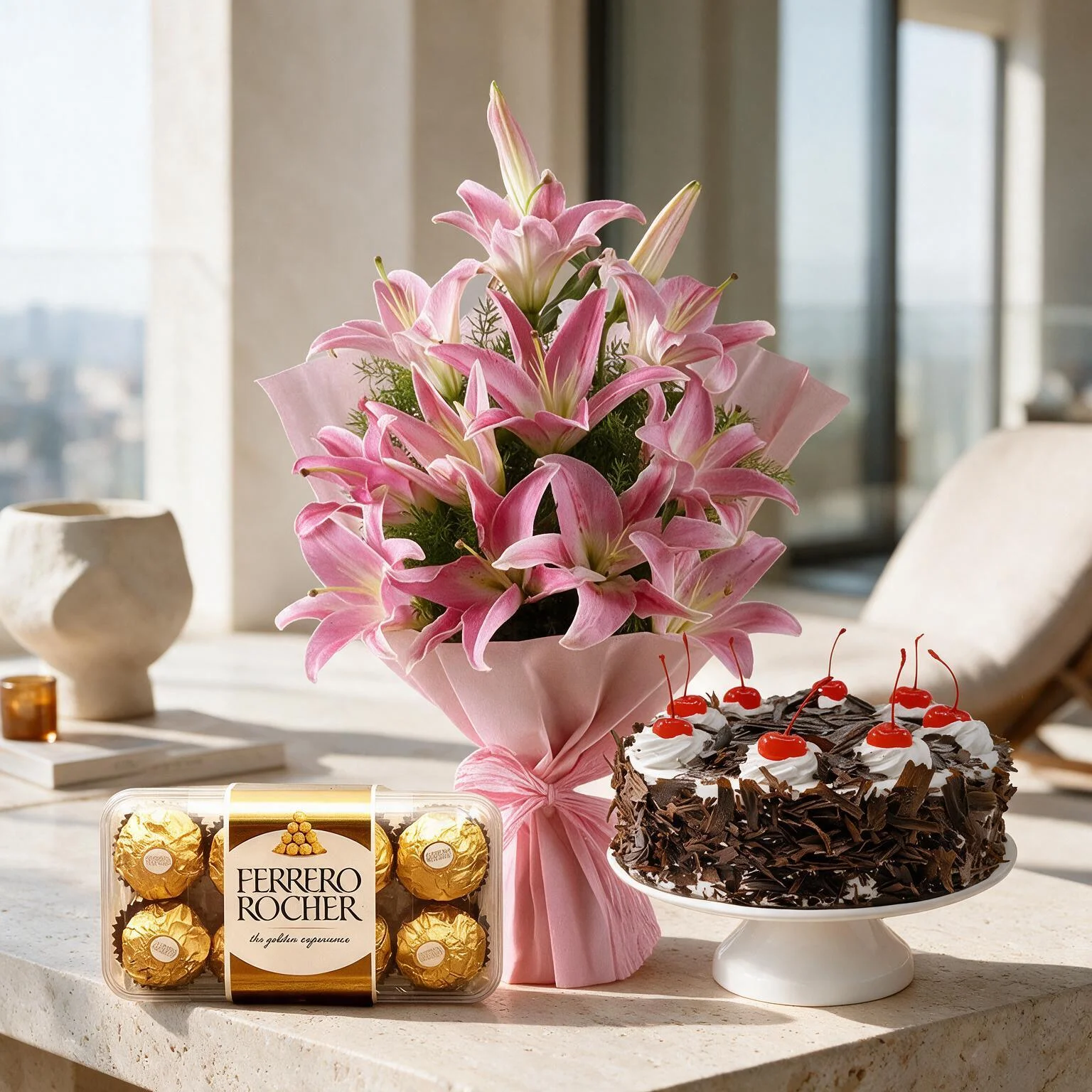 Bouquet of Pink Lilies, Cake & Chocolate