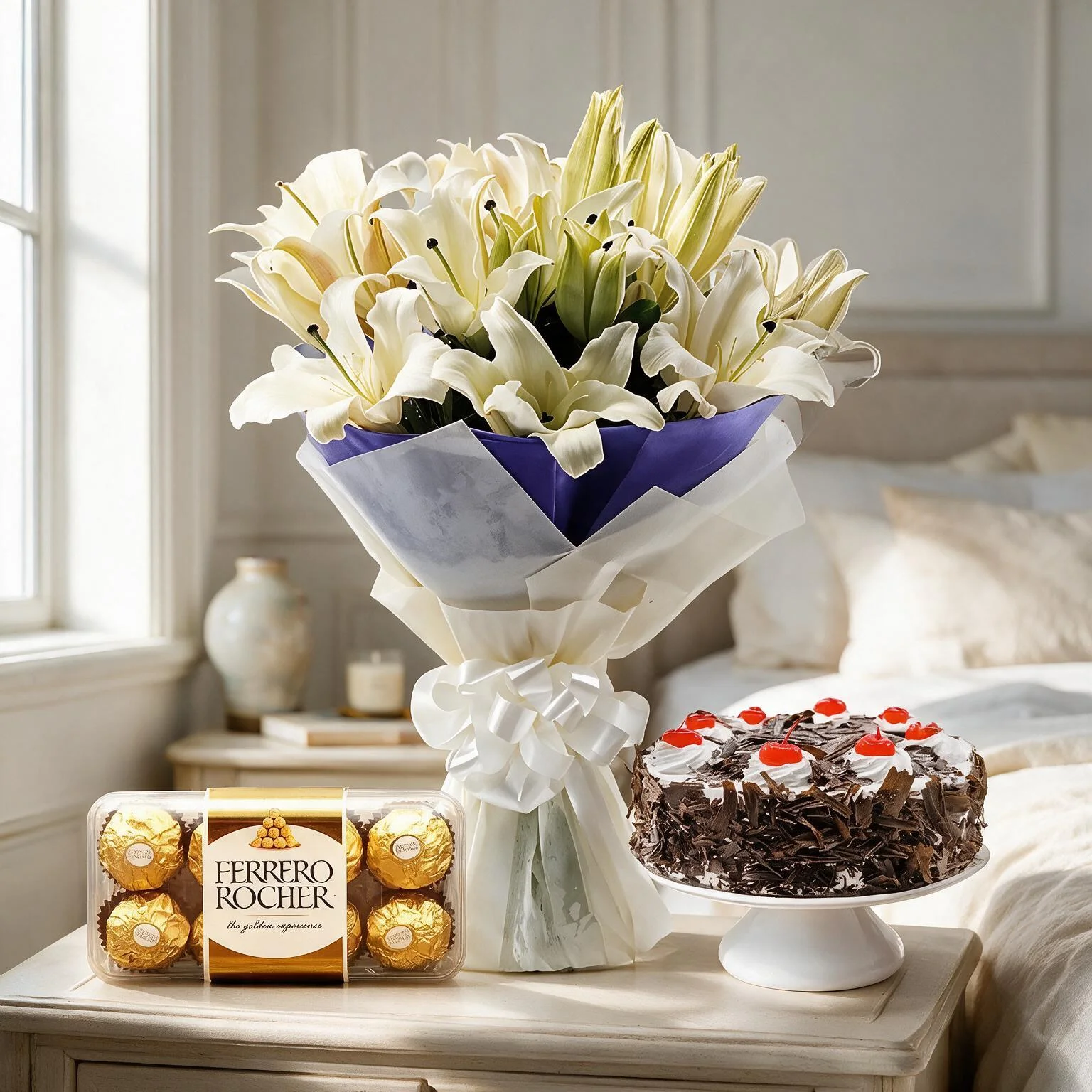 Bouquet of White Lilies, Cake & Chocolate