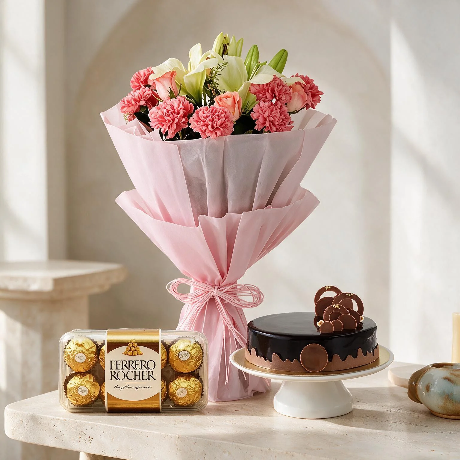 Bouquet of Lilies, Carnation, Roses, Cake & Chocolate