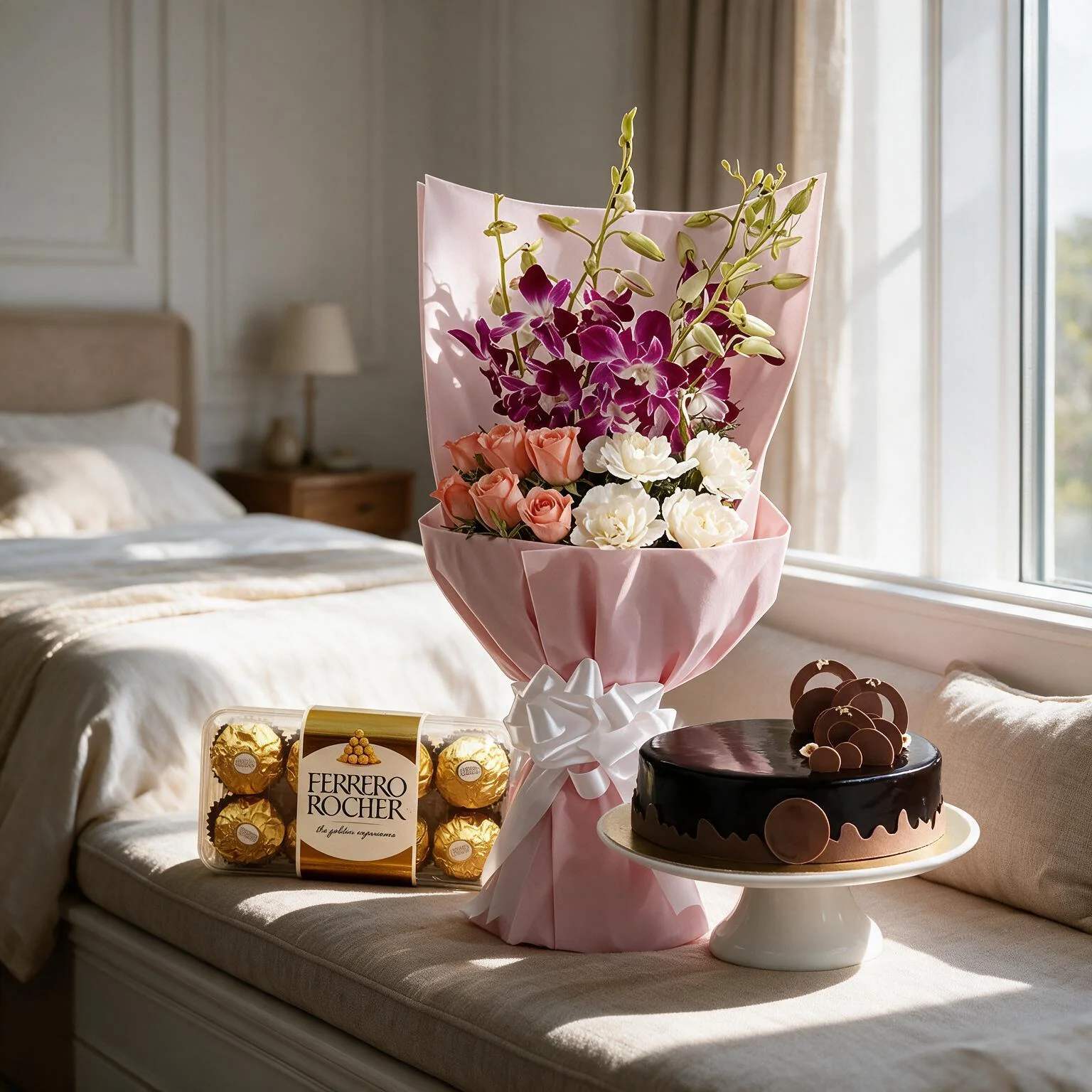 Orchids, Roses, Carnation Bouquet, Cake & Chocolate