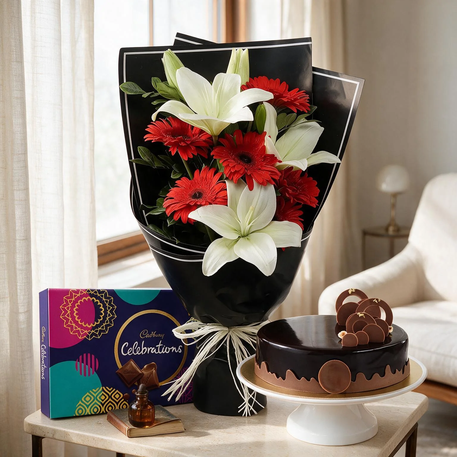 Lilies & Gerberas Bouquet, Cake & Chocolate