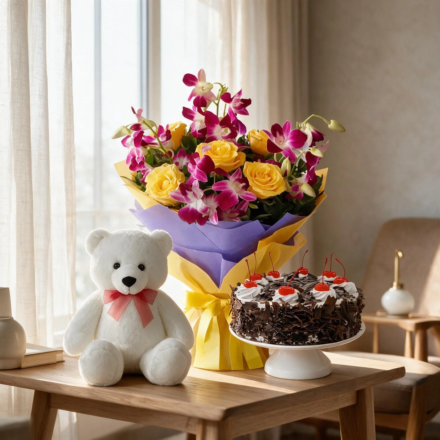 5 yellow roses and 5 purple orchids bouquet with half kg black forest cake and teddy