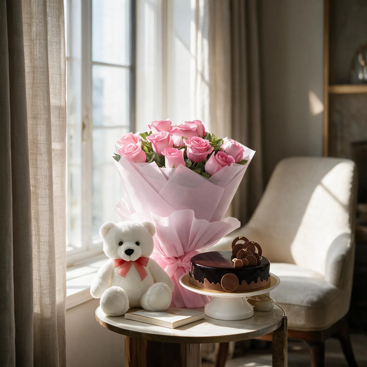 Roses with teddy bear and cake