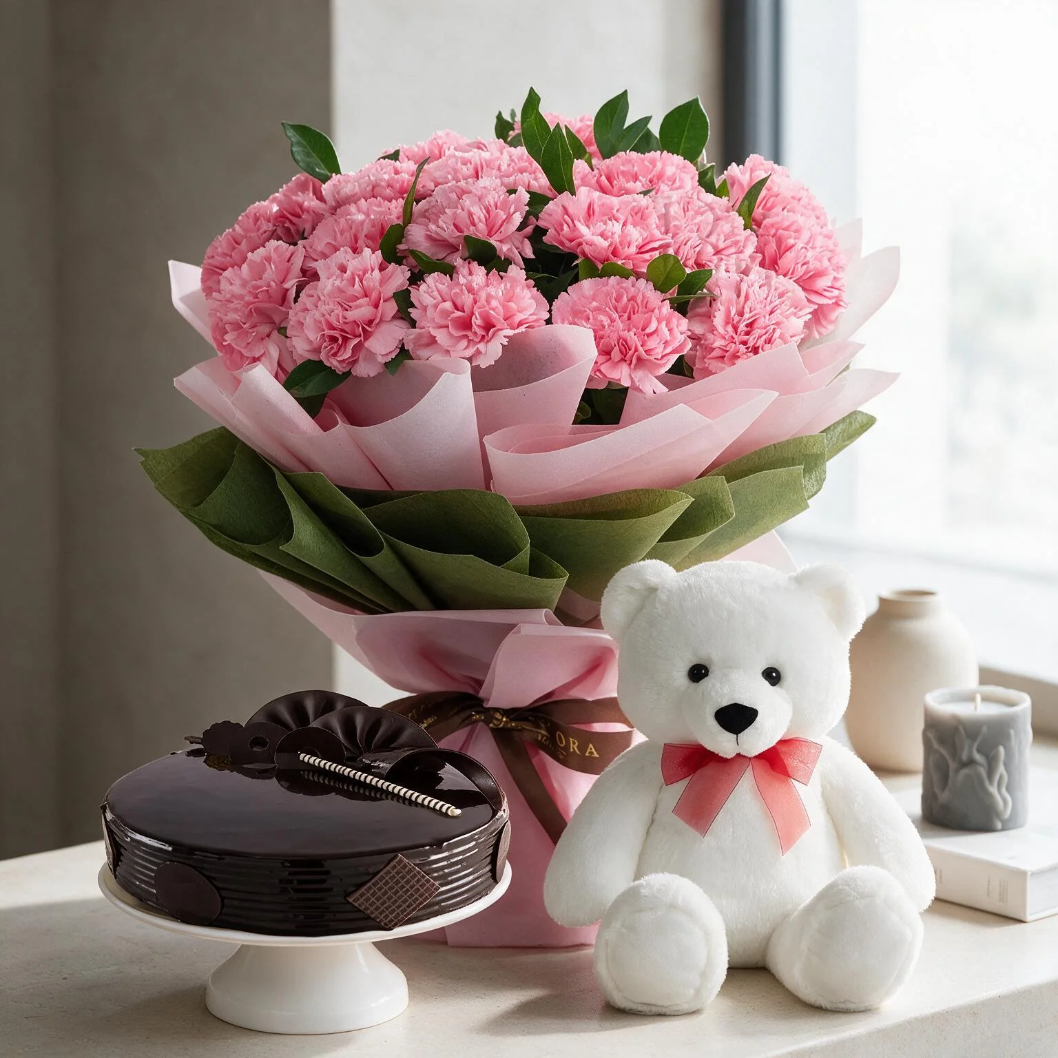 Bouquet of Carnations, Cake & Teddy