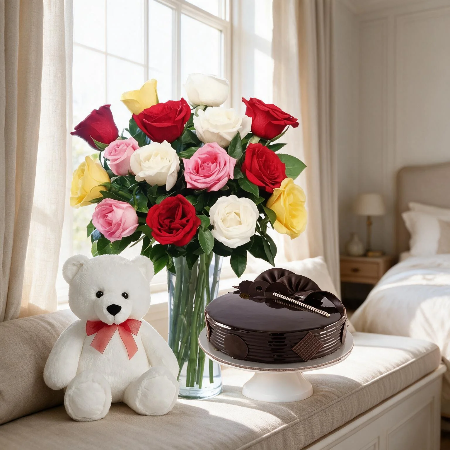 Mixed Roses in a Vase, Cake & Teddy