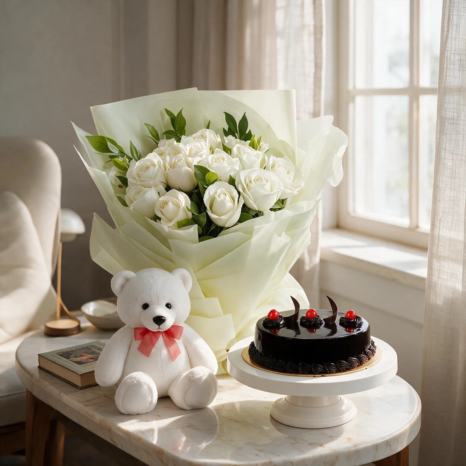15 white roses with chocolate cake and teddy bear
