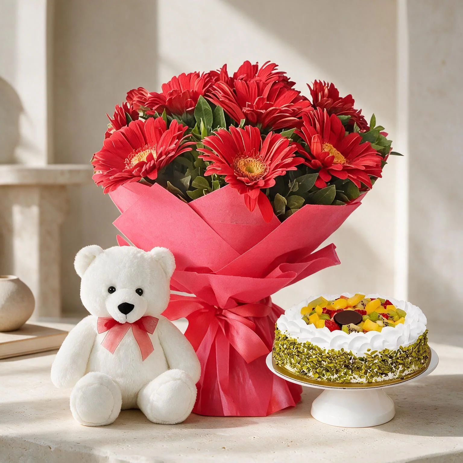 Flower Bouquet With Cake & Teddy