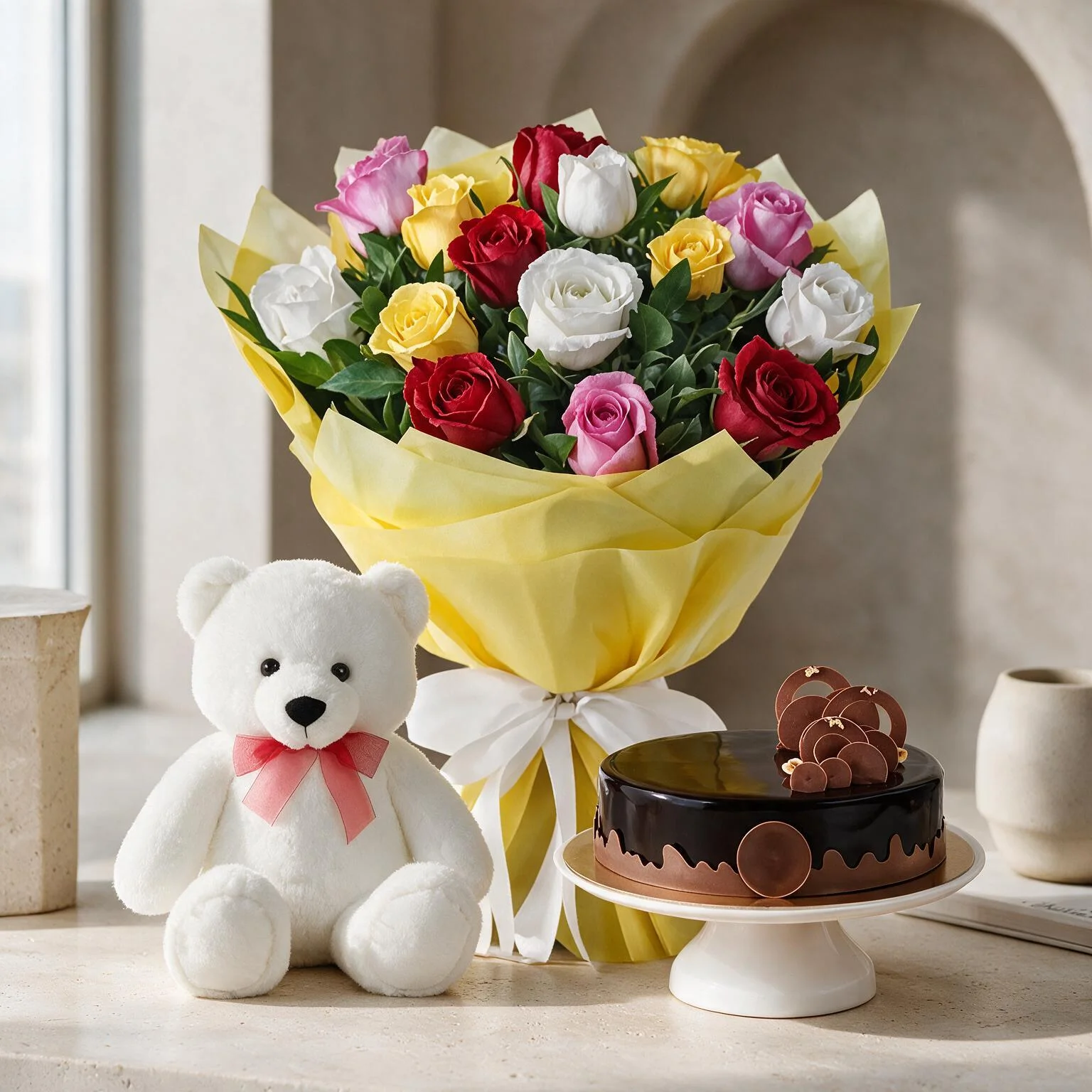 Bouquet of mixed roses in yellow wrapping with teddy bear and chocolate cake