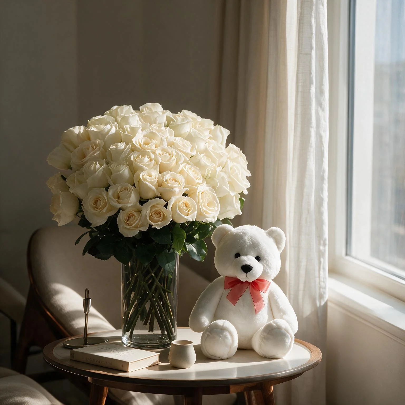 50 white roses in a glass vase with a 12 inch teddy bear