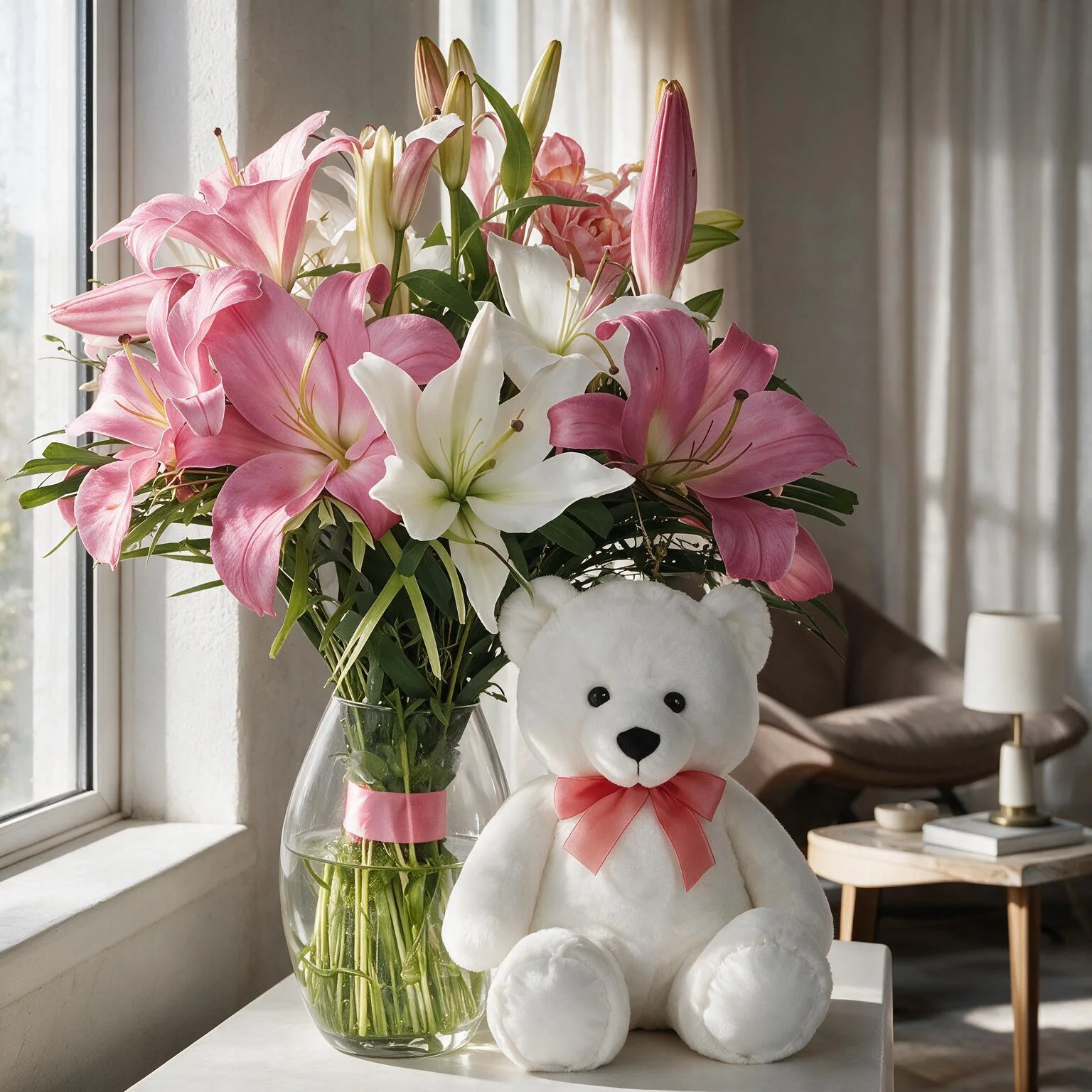 White & Pink Lilies in a Vase & Teddy