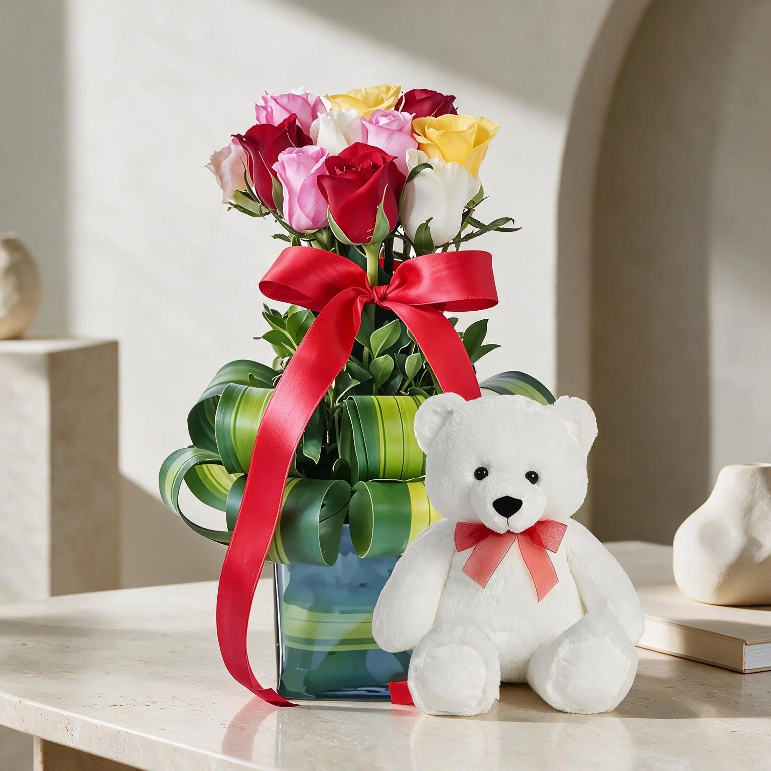 Mixed Roses in a Vase & Teddy