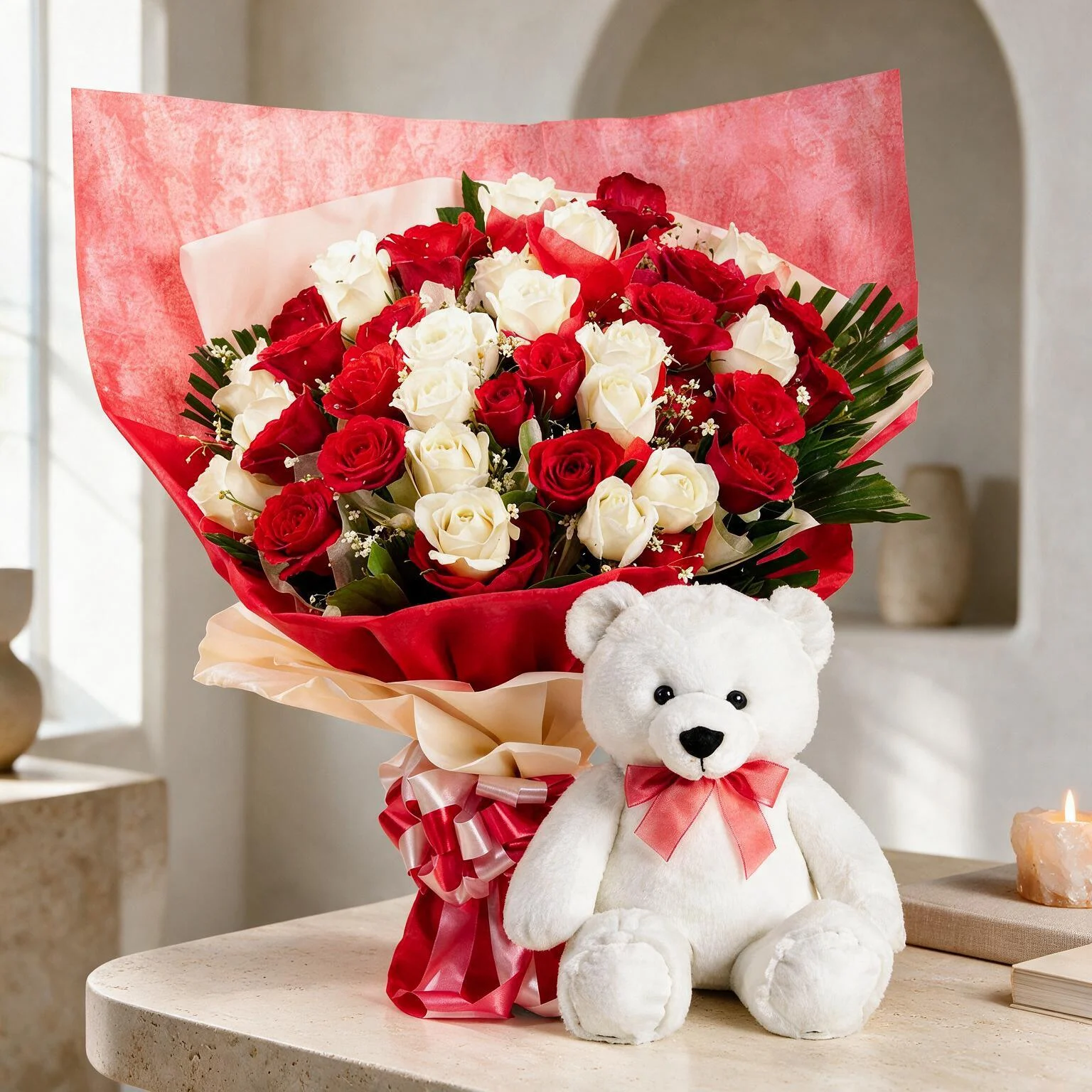 Bouquet of Red & White Roses & Teddy