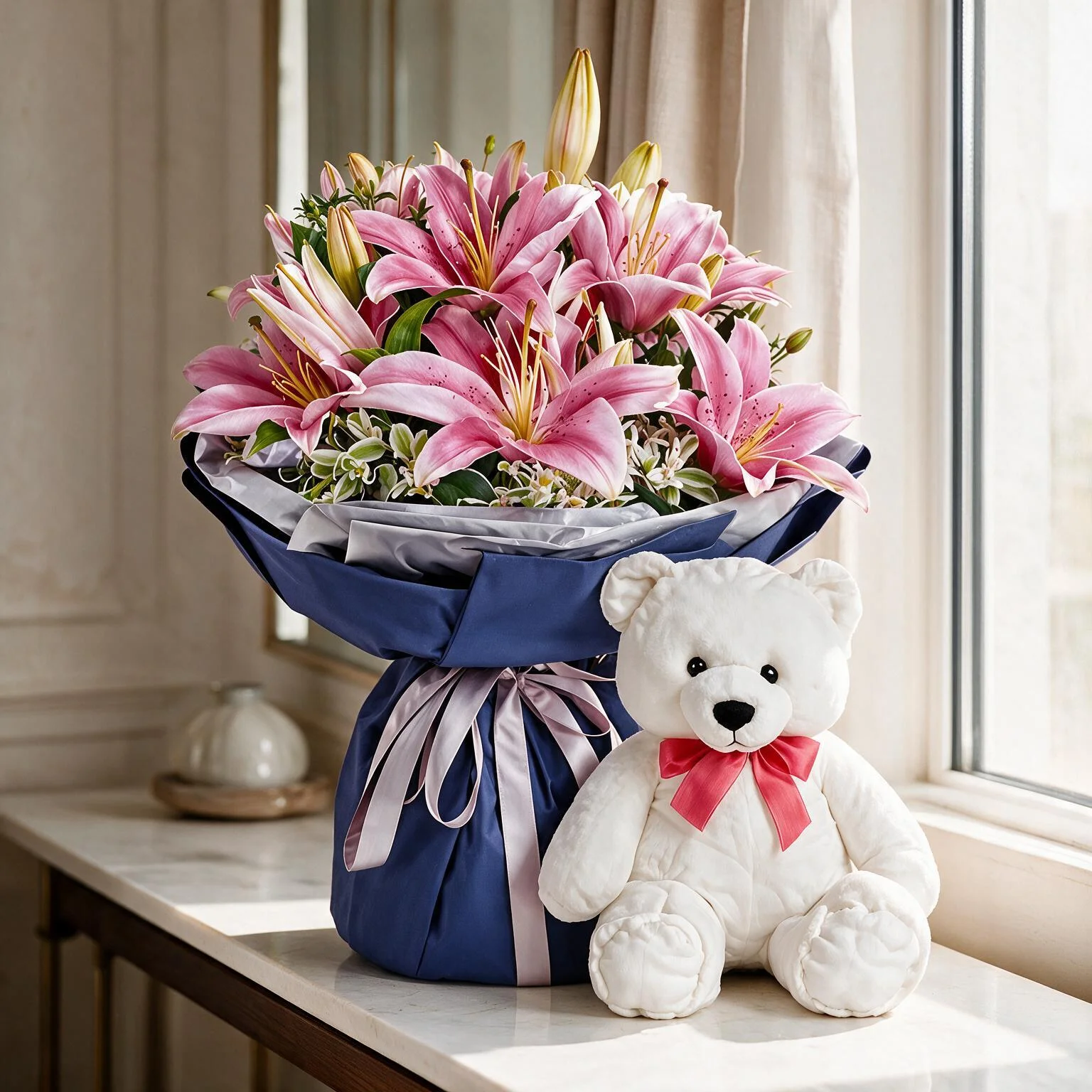 Pink Lilies Bouquet With Teddy