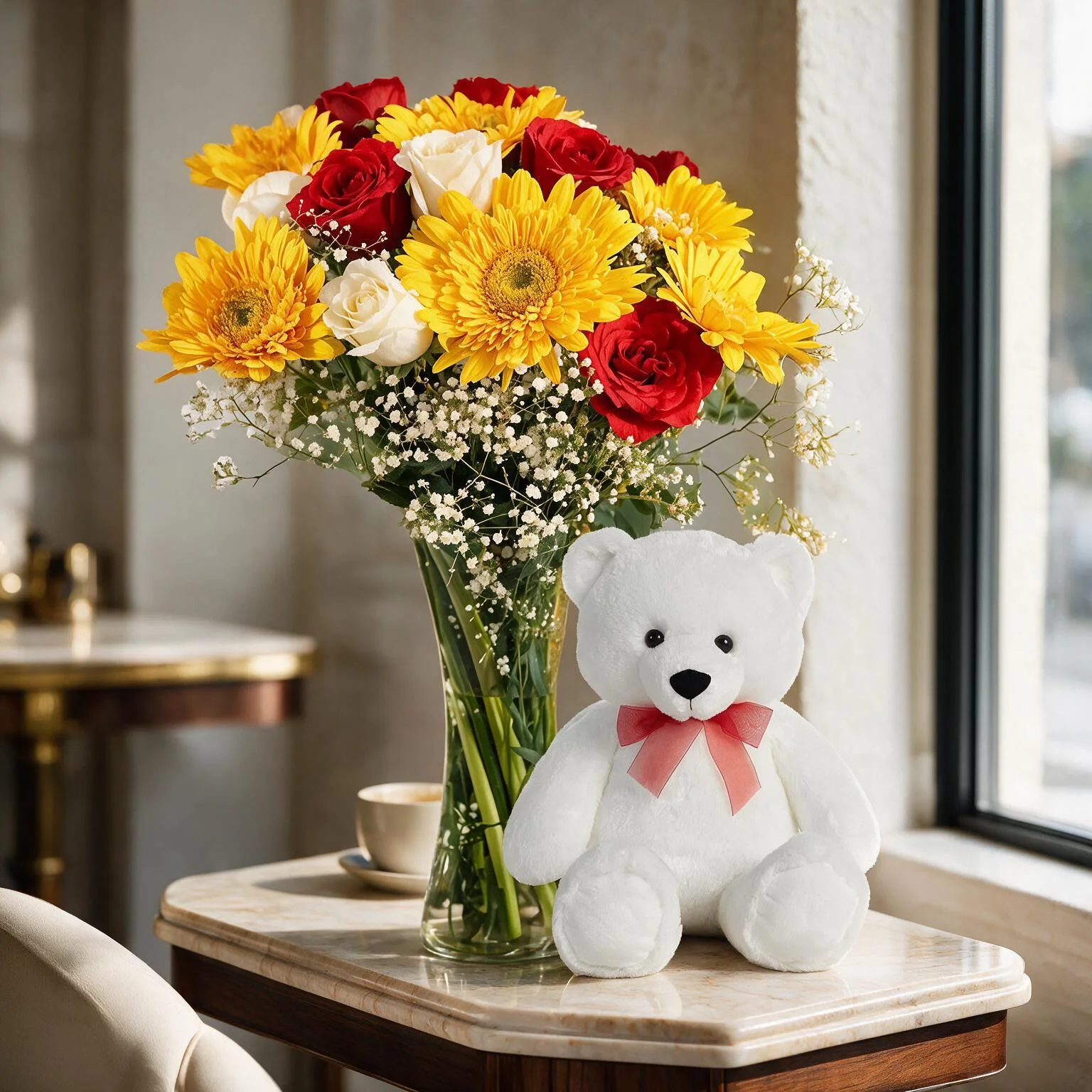 Gerberas & Roses in a Vase with Teddy