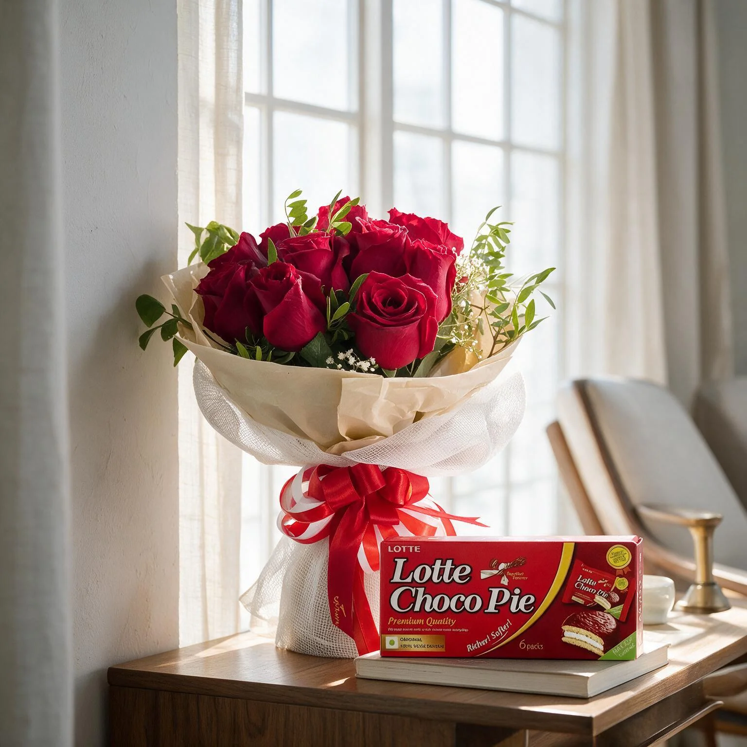 Bouquet of Red Roses and Chocolate