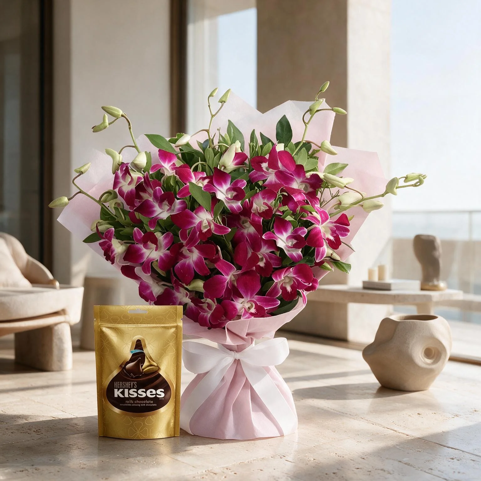 Purple Orchid Bouquet and Chocolate