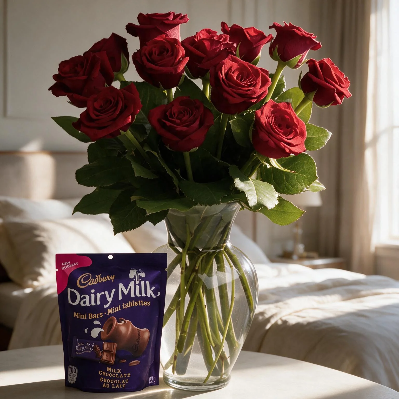 Red Roses in Vase and Chocolate