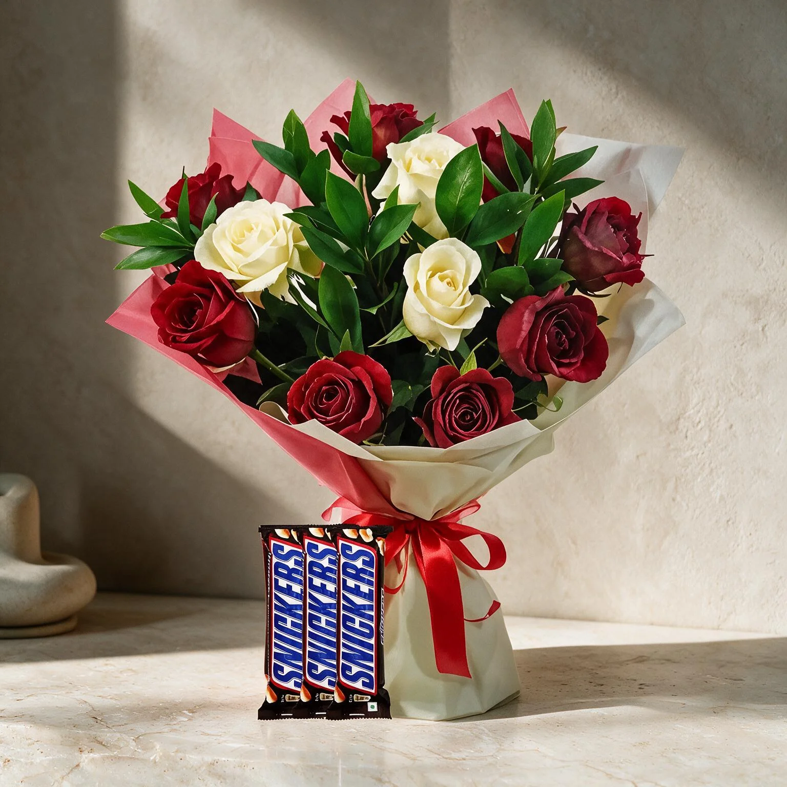 red roses bouquet and chocolate