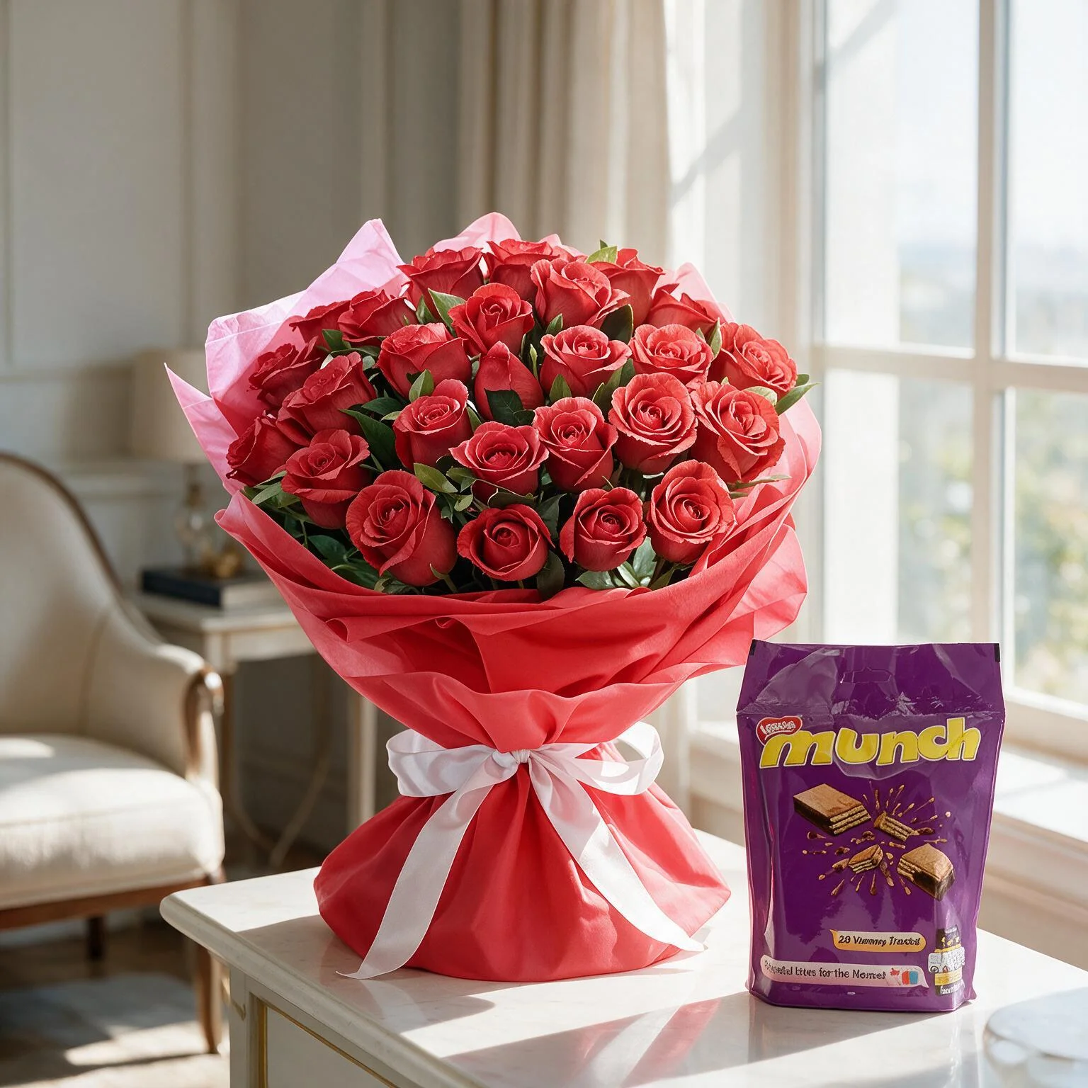 30 red roses with munch mini pack chocolate