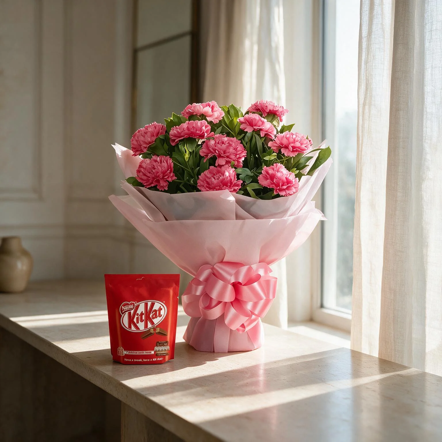 pink carnations bouquet and Chocolates