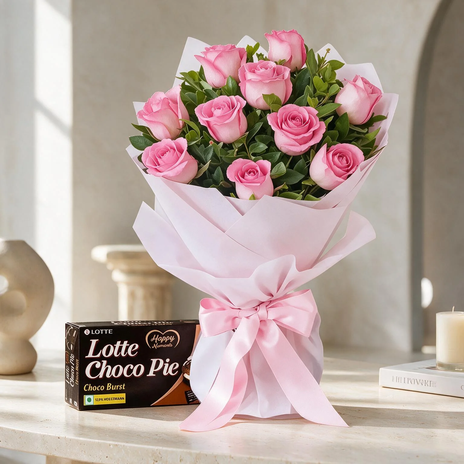 Pink roses bouquet & Chocolates