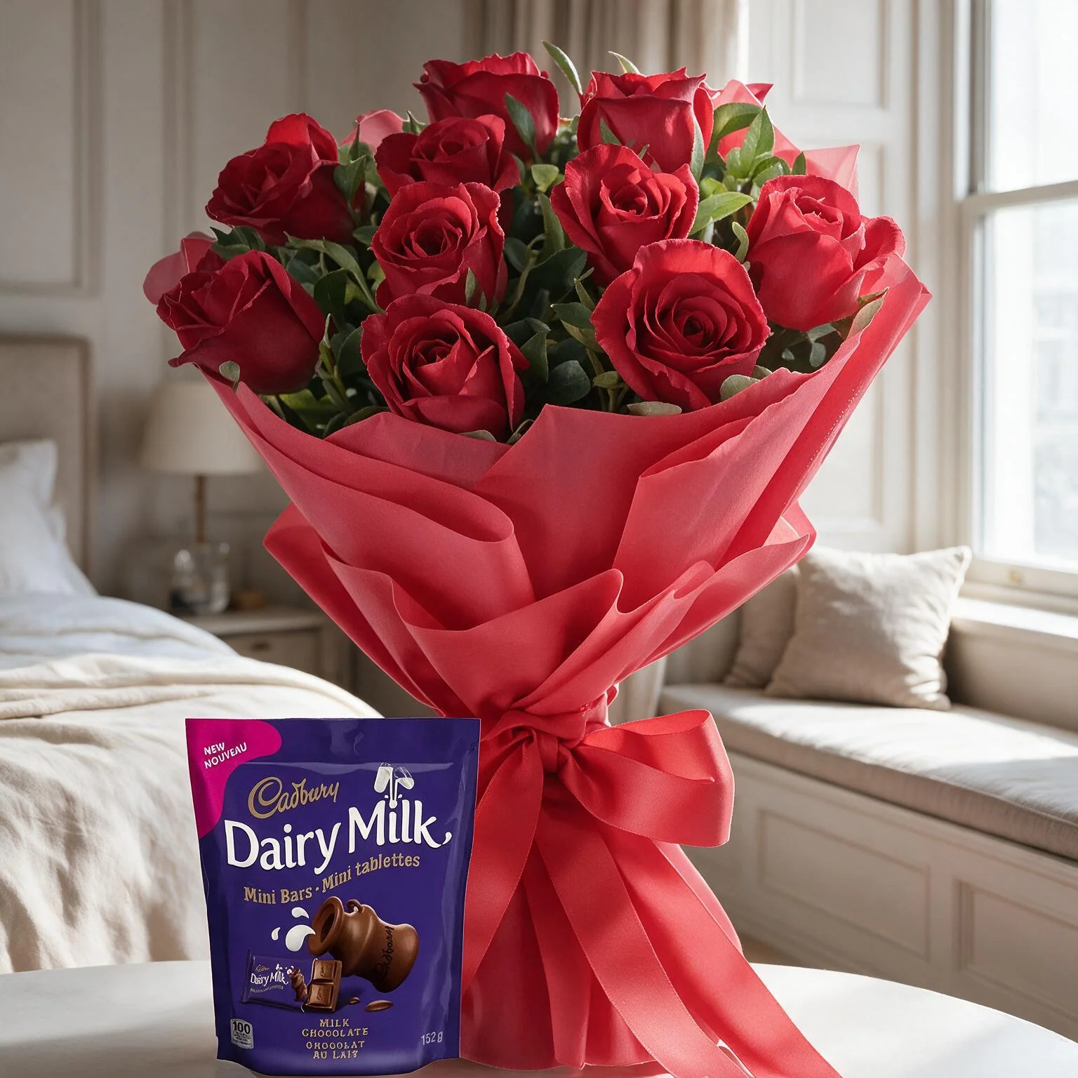 Bouquet of Red Roses and Chocolates