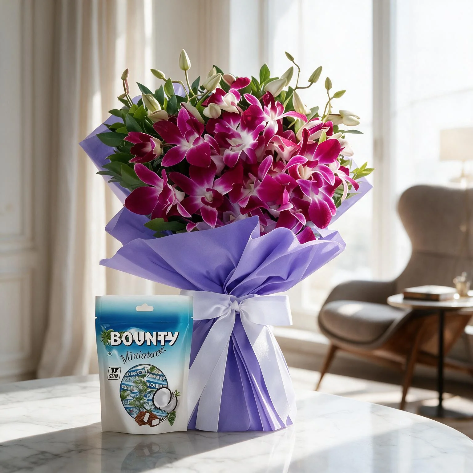 6 purple orchids bouquet with bounty mini chocolate