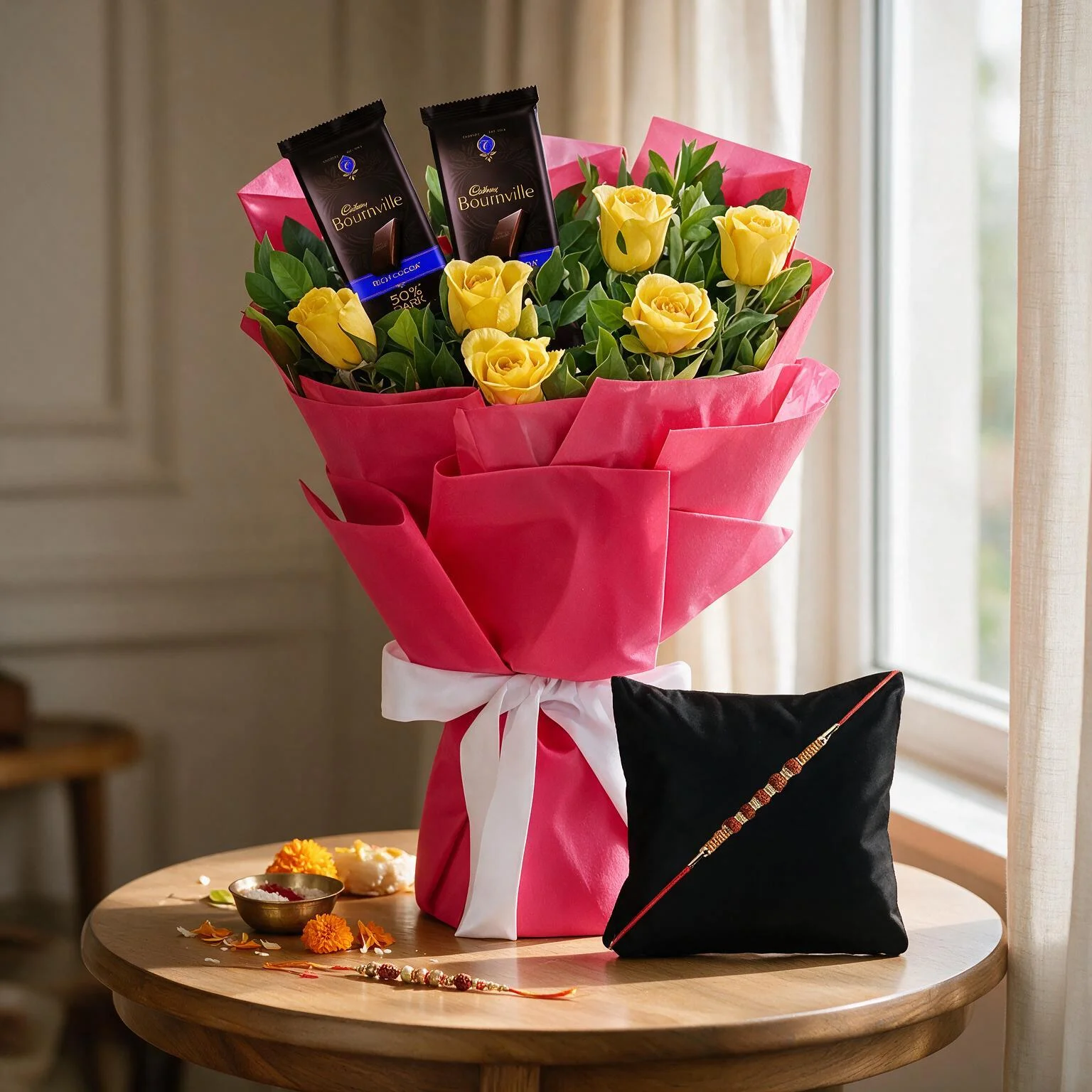 Flower Arrangement of Yellow Roses & Chocolates