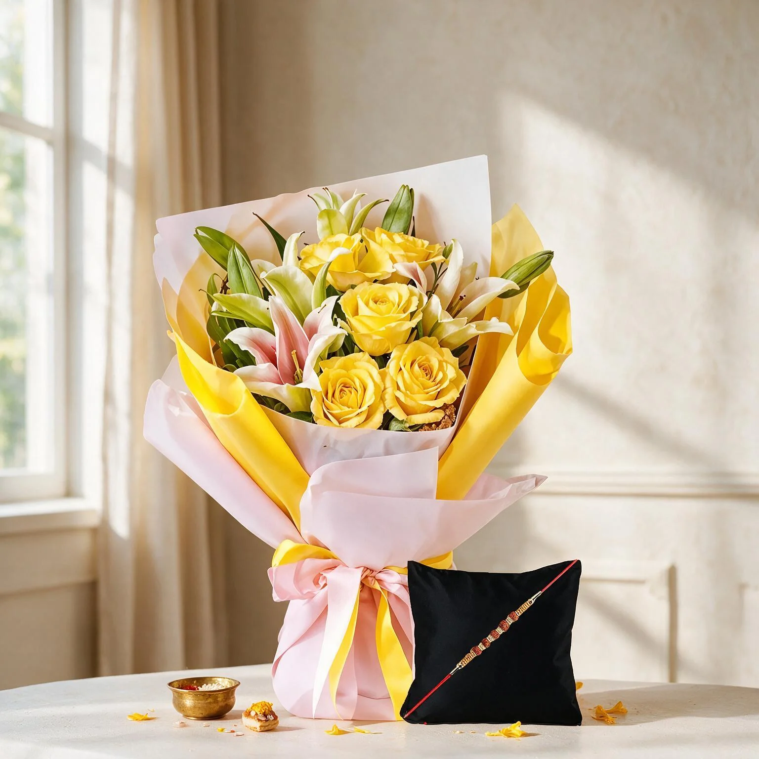 Bouquet of yellow roses and pink lilies with Rakhi