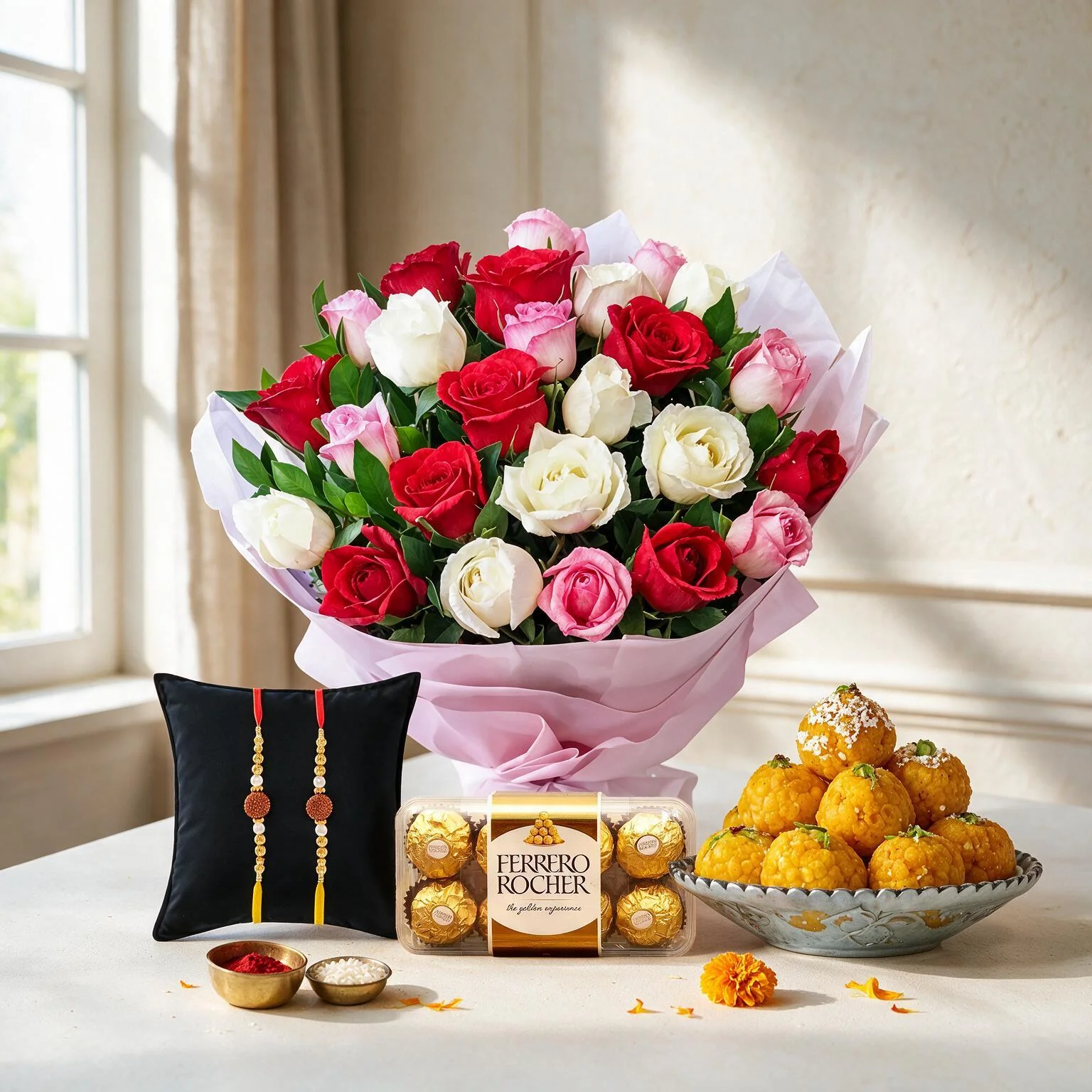 Bouquet of Red, Pink & White Roses, Chocolate and Laddu