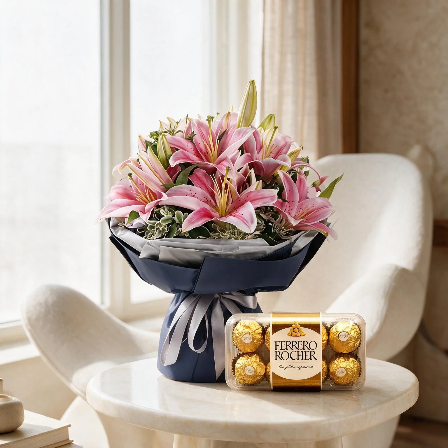Bouquet of Pink Lilies and Chocolate