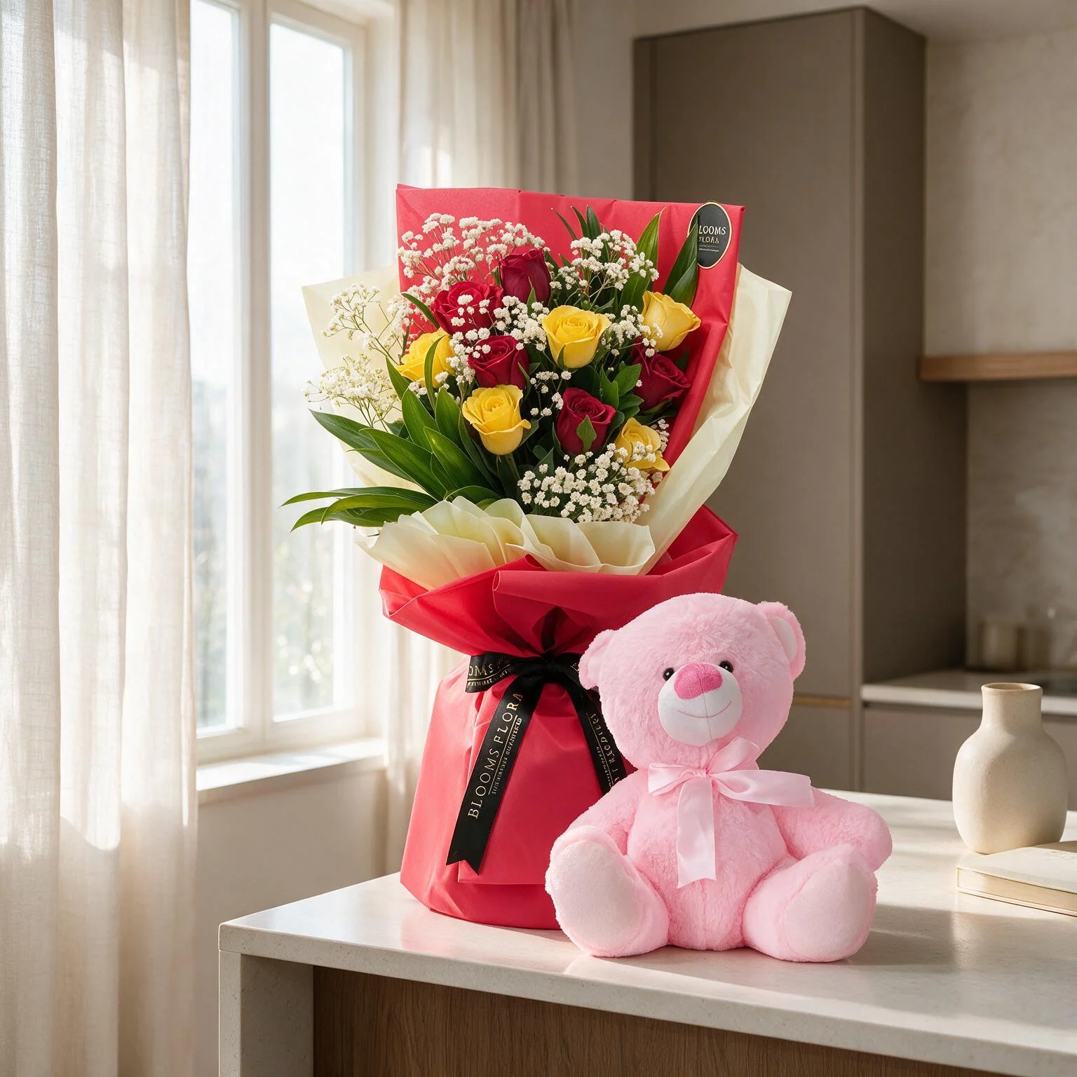 Bouquet of Red & Yellow Roses with Teddy