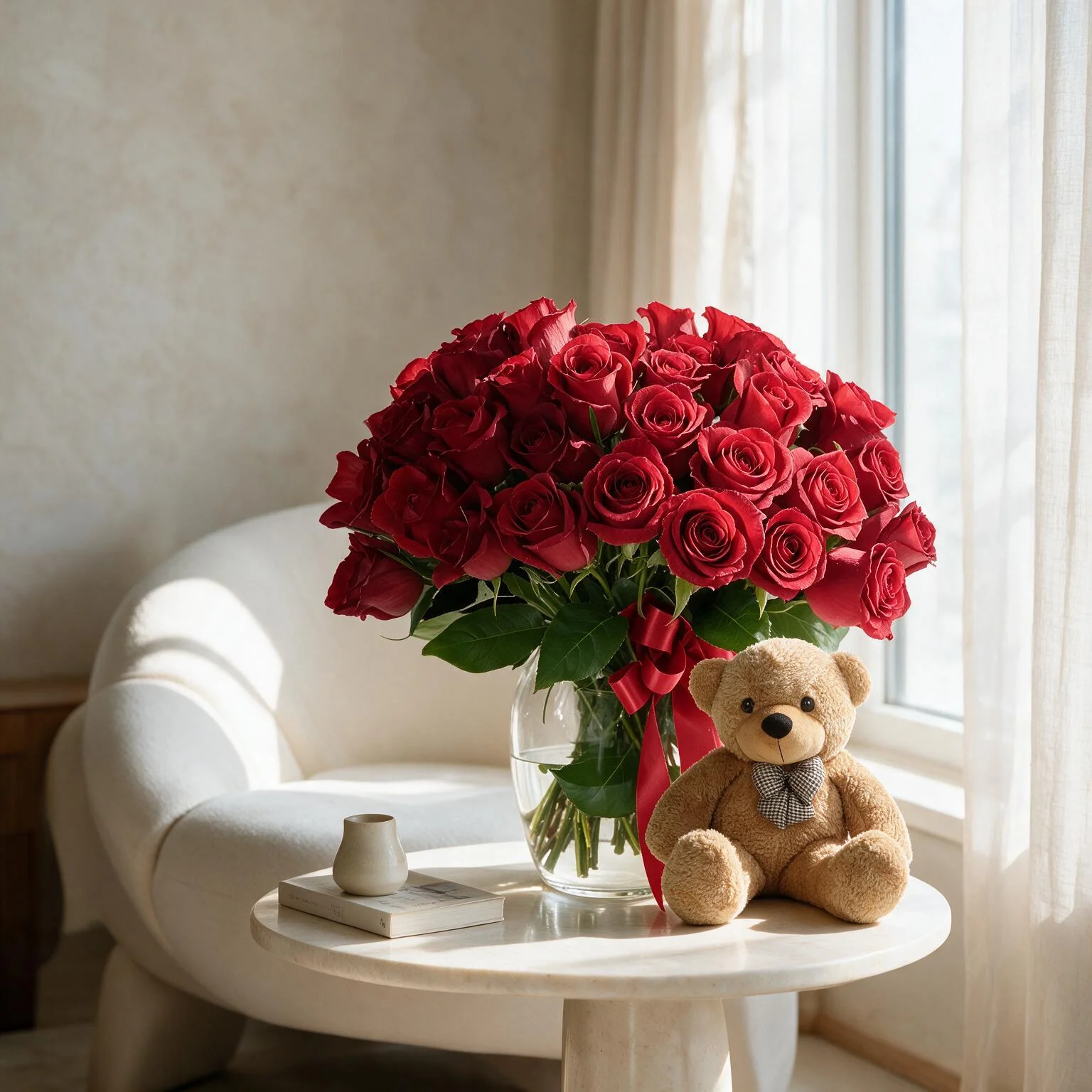 Red Roses in Vase with Teddy Bear