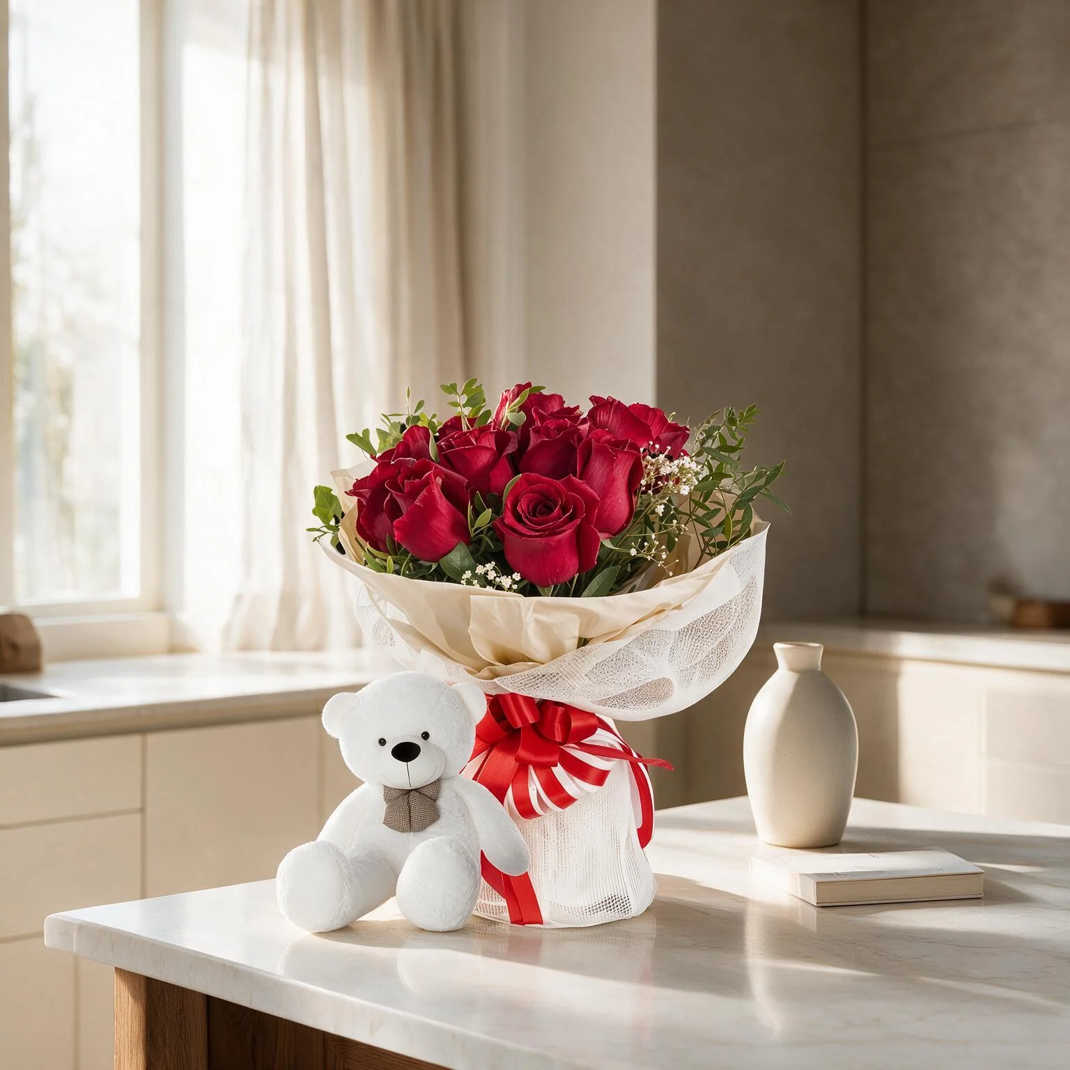 Bouquet of Red Roses and Teddy Bear