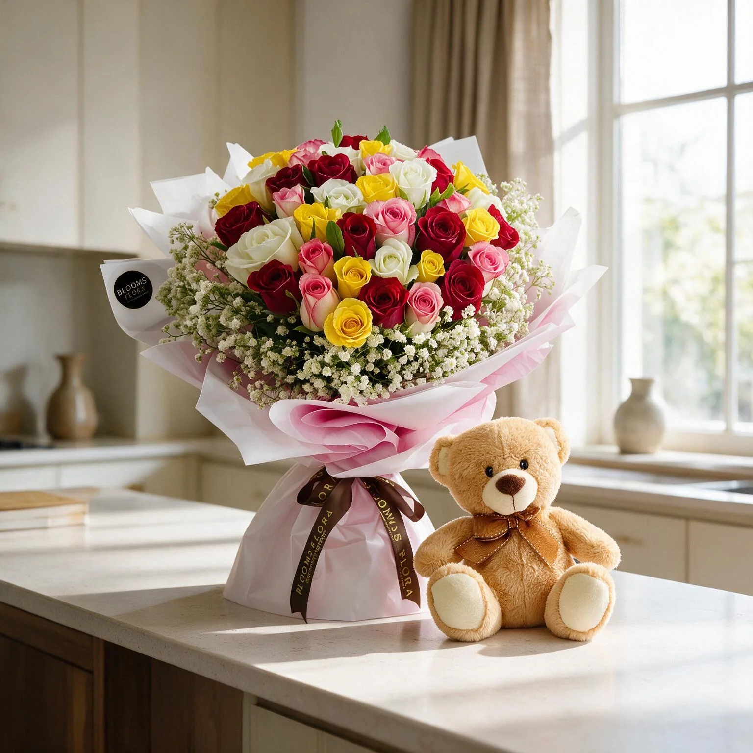 Bouquet of Mix Roses & Teddy Bear