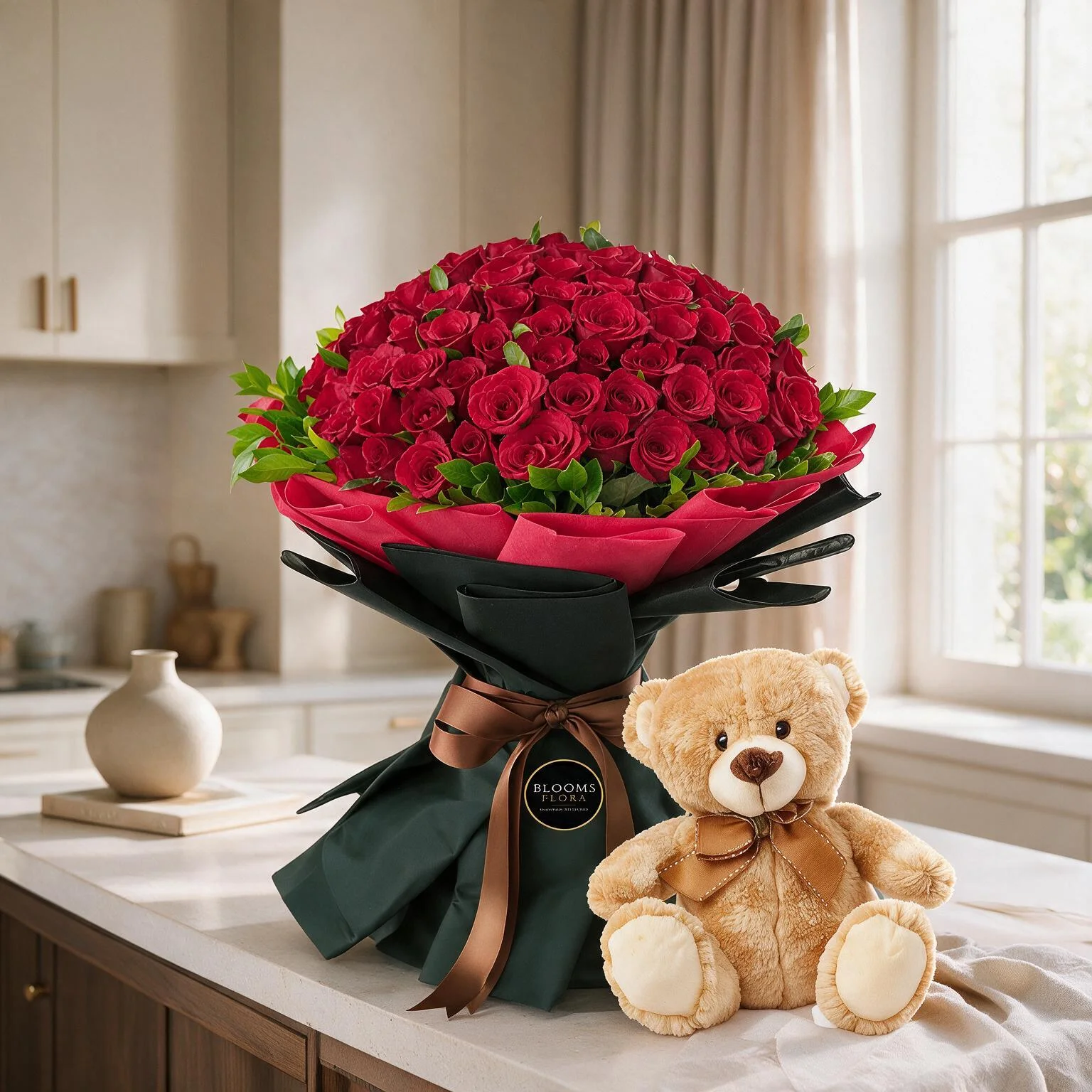 Bouquet of Red Roses & Teddy Bear
