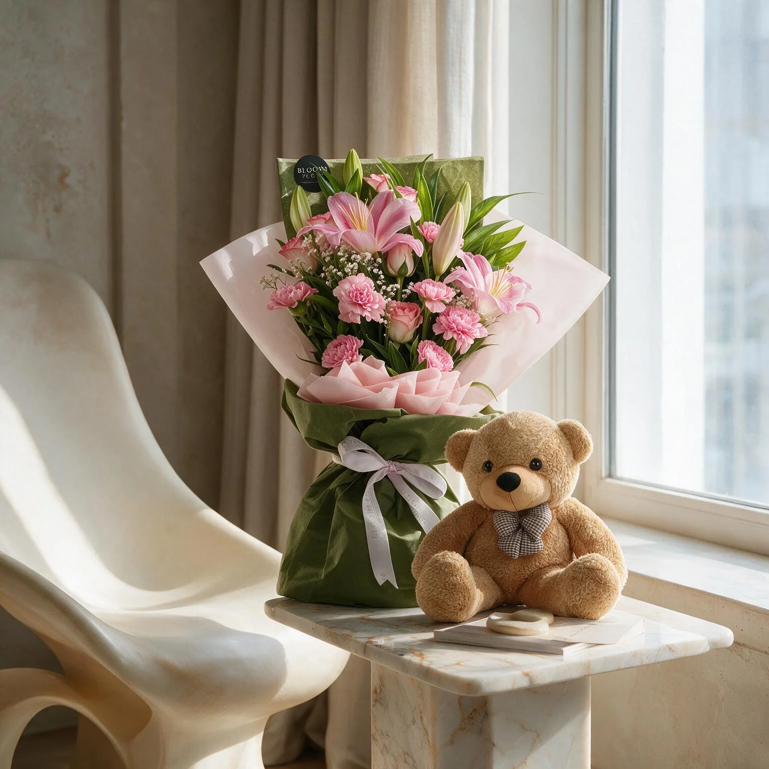 Bouquet of Pink Flowers & Teddy Bear