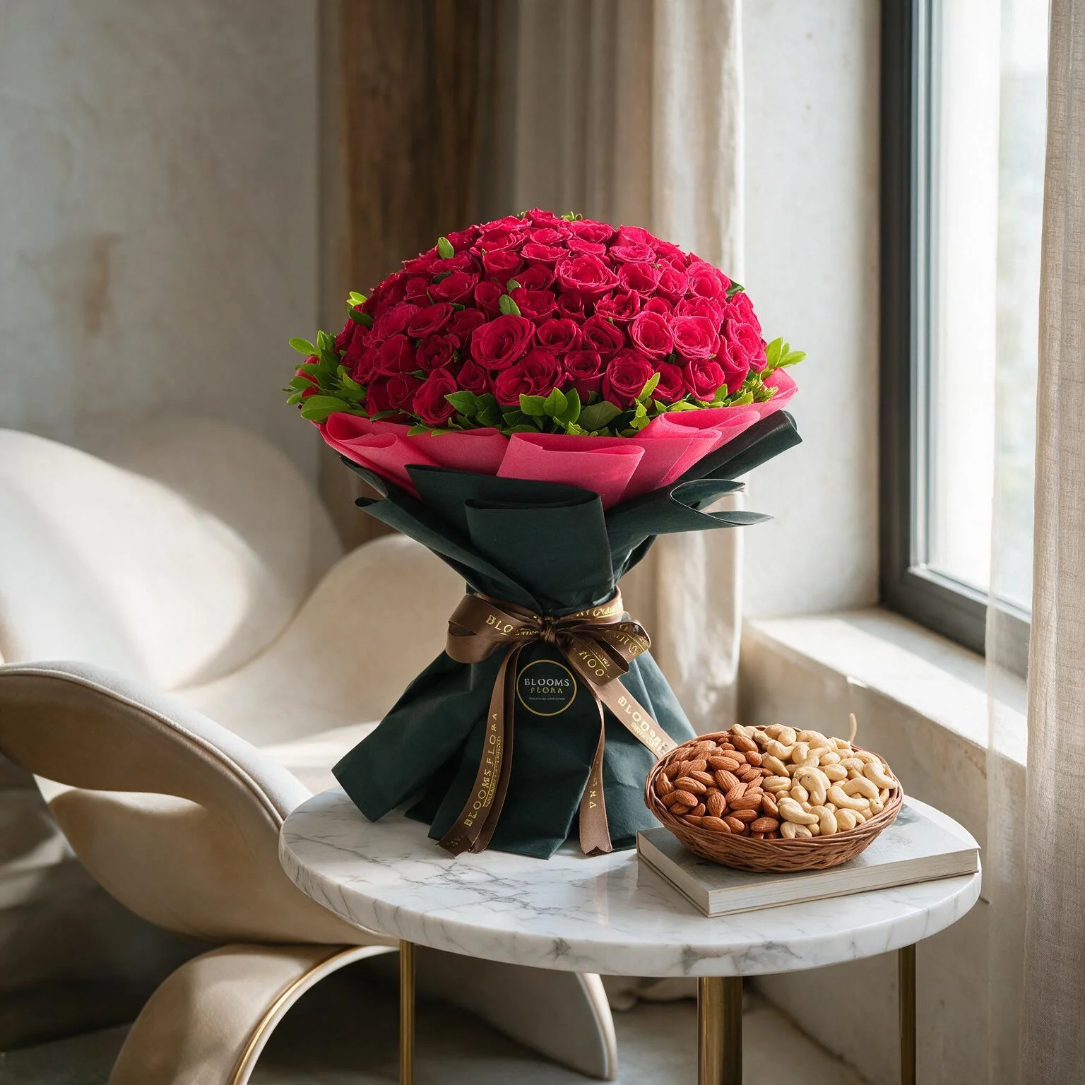 Bouquet Of 100 Red Roses & 1/2 Kg Dry Fruits