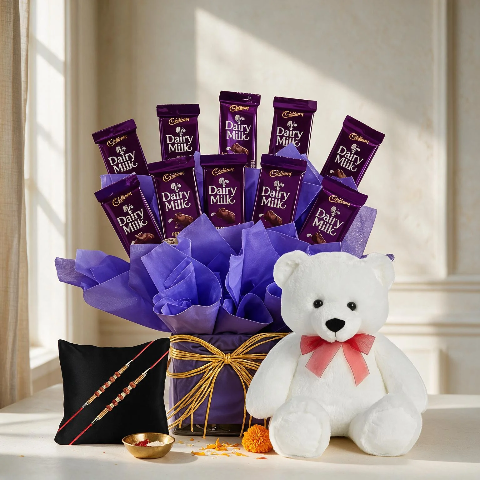 Vase of Dairy Milk chocolates with teddy and Rakhis