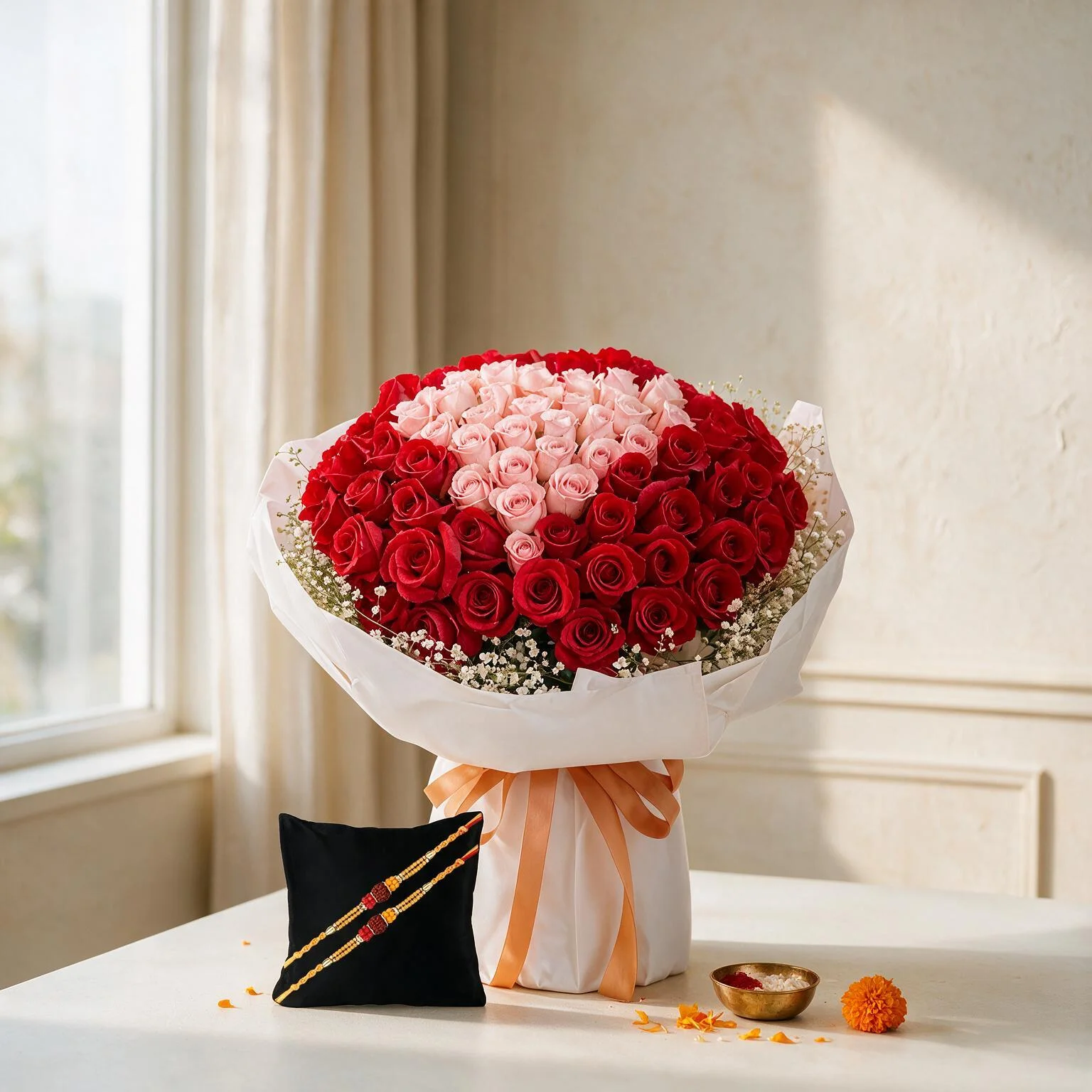 Bouquet of 100 Roses with 2 Rakhis