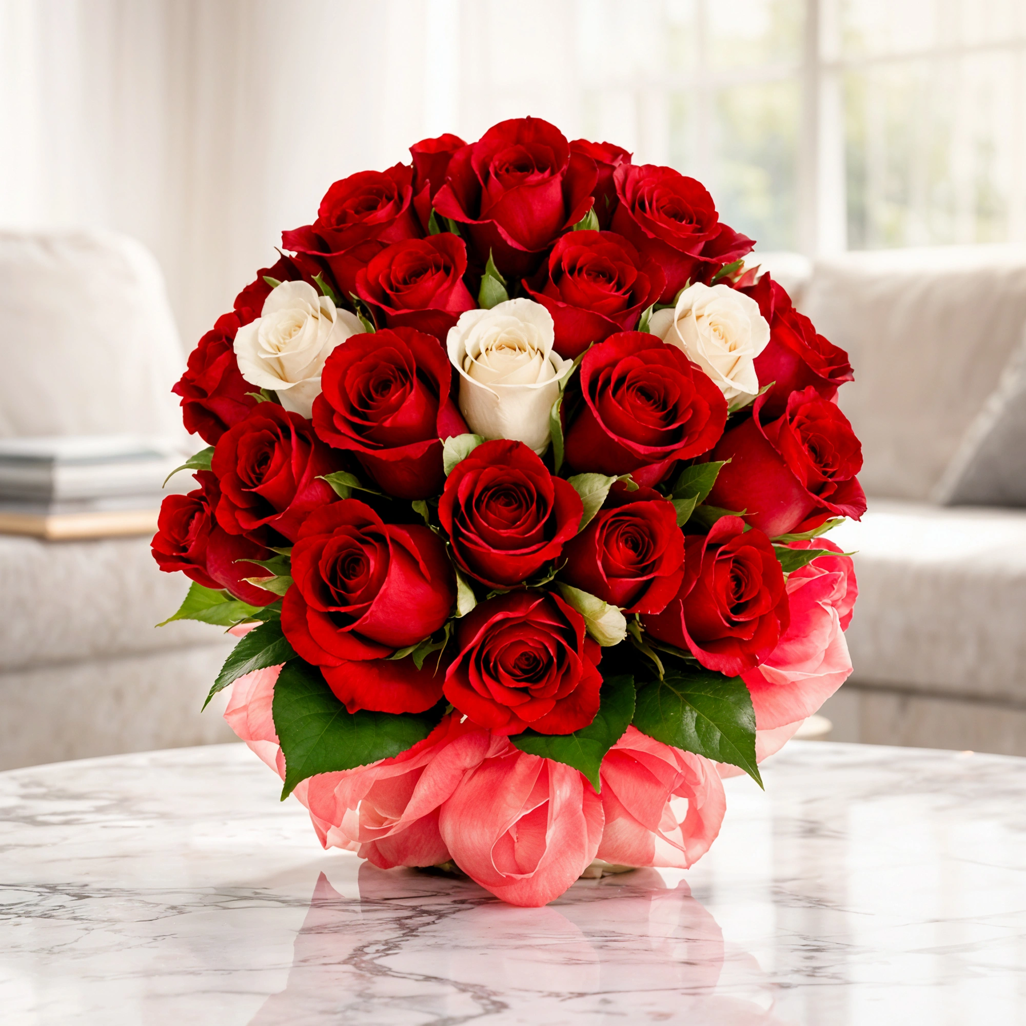 18 red and 3 white roses