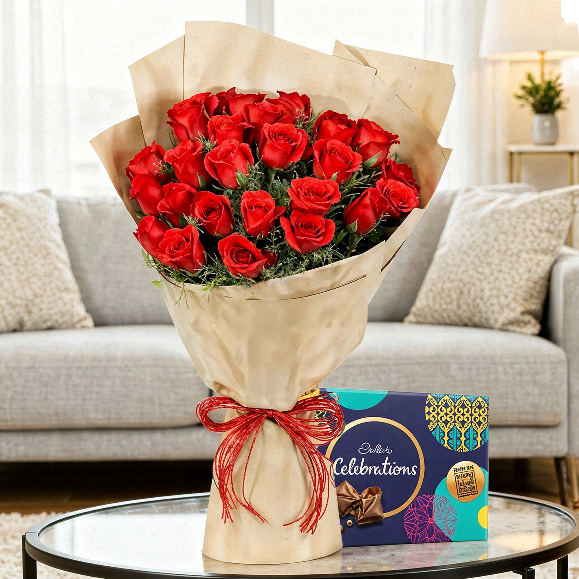 20 red roses bouquet with cadbury celebration chocolate